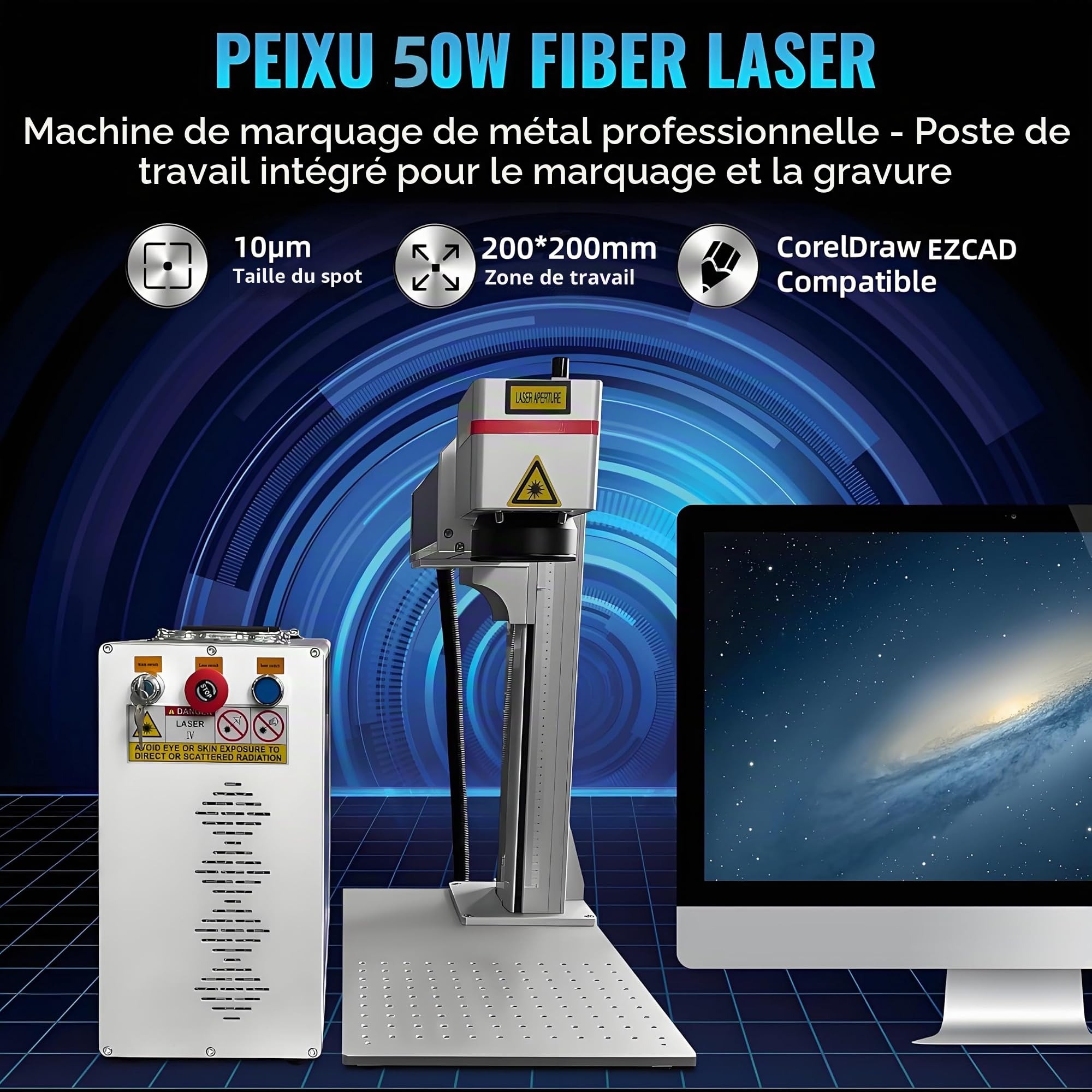 50W Graveur Laser Fibre Machine de Marquage de Fibre Optique 200x200mm Machine de Gravure Laser de Marquage à L'état Solide Pour Métal/Aluminium/Or/Argent/Bijoux Avec Ezcad Logiciel Et Axe de Rotation