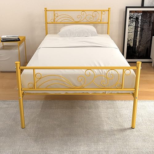 Miniatura 3 de Weehom Base de cama de tamaño individual con cabecero, no necesita somier, plataforma individual para niños, color dorado