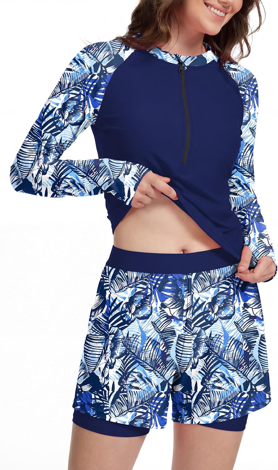 Rash Guard for Women Long Sleeve Swimsuit Bathing Suit 2 Piece UPF 50+ Quick Dry UV Protection Surf Zip Up