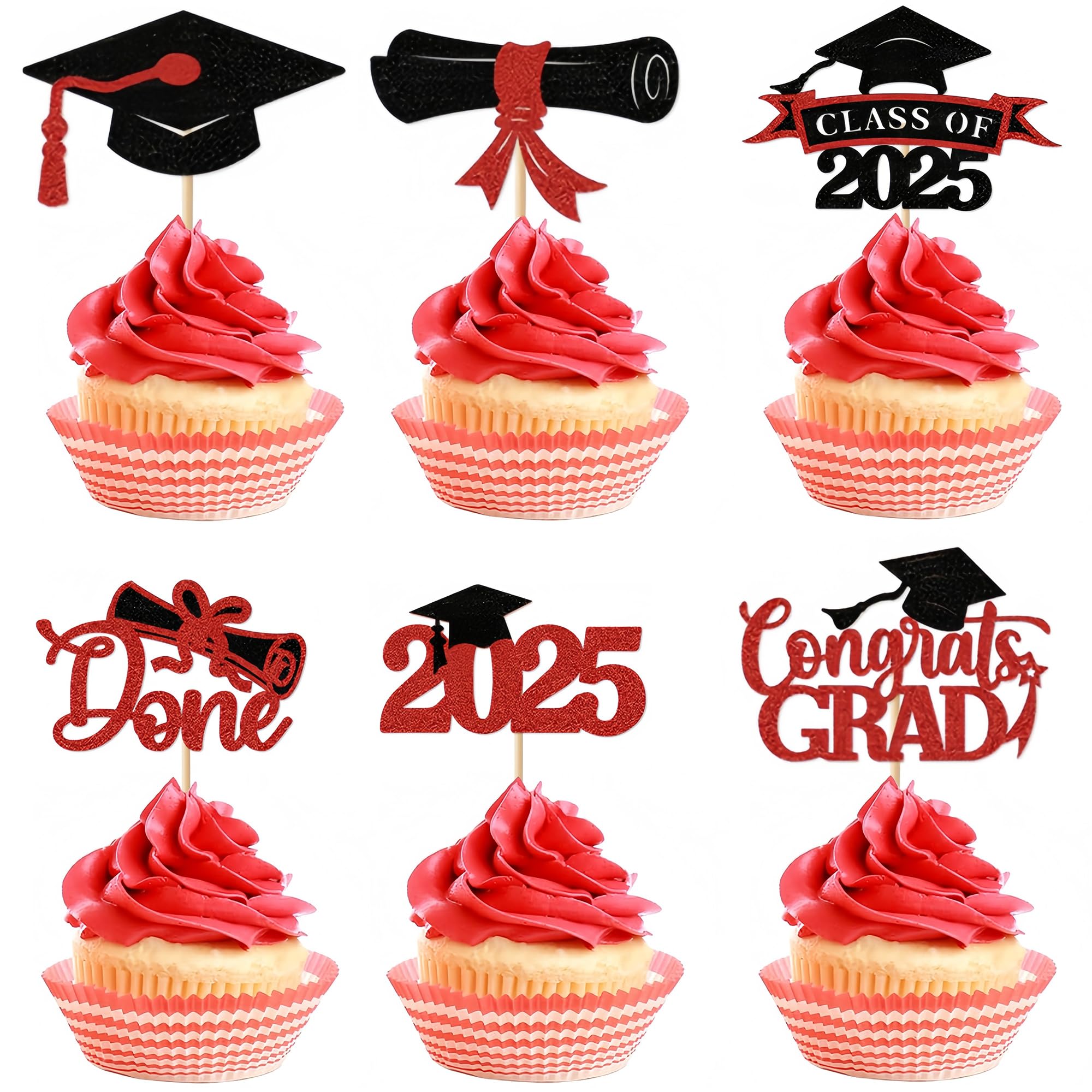 Class of 2025 Congrats Grad Cupcake Toppers, 36 pack Glitter Graduation Cap Diploma Cupcake Picks for 2025 Graduation Party Decoration (Red)