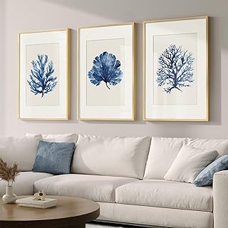 Framed Coastal Coral Watercolor Wall Art for Living Room, Large 3 Piece ...