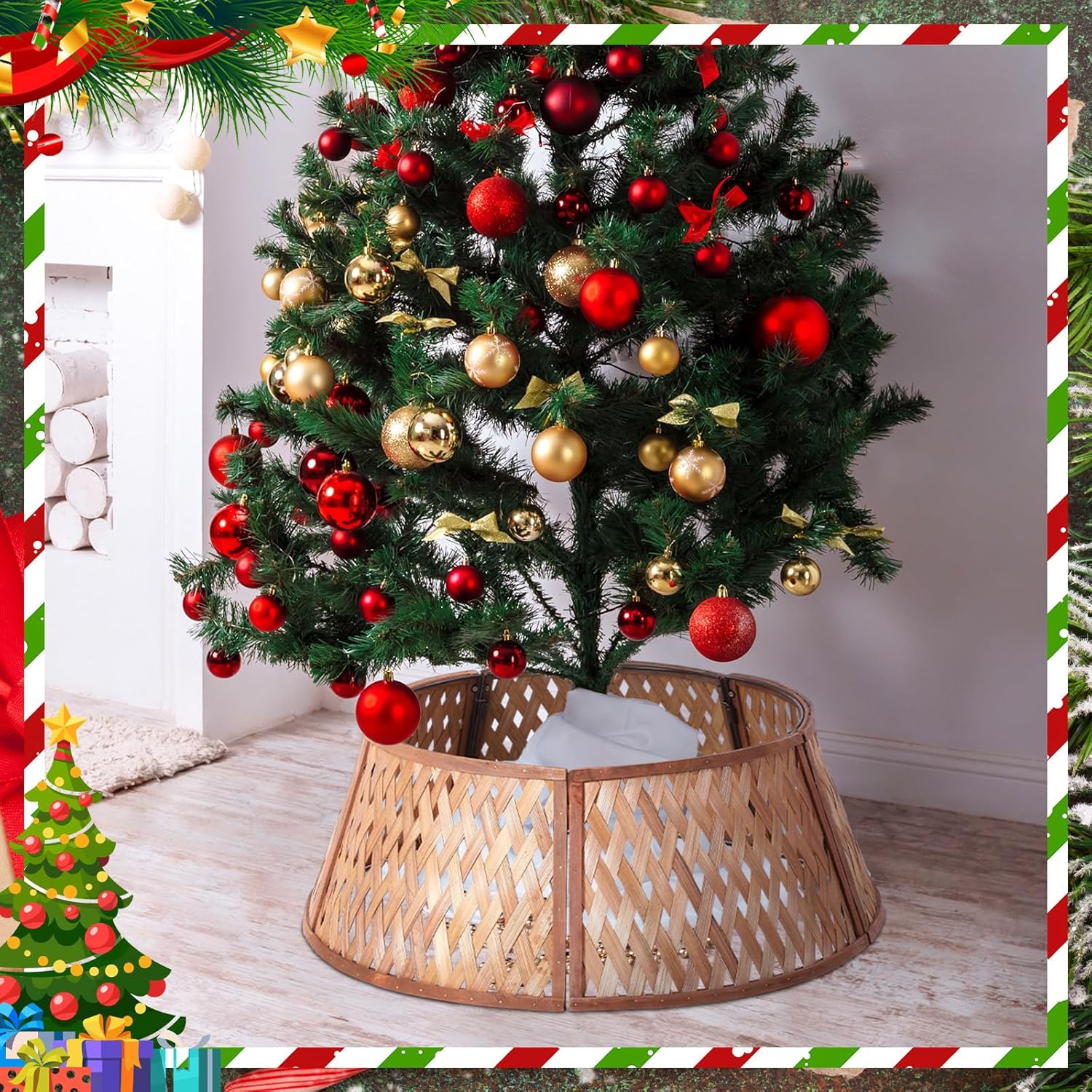 28 Inch Christmas Tree Collar for Rustic Farmhouse Decoration Woven Basket Skirt Natural Holiday Decorations(Rattan)