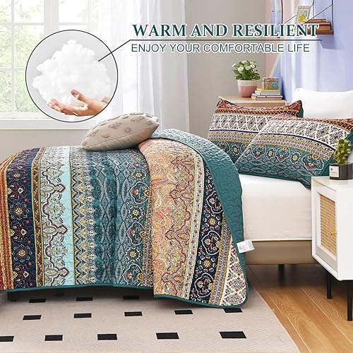 Miniatura 3 de WONGS BEDDING Juego de edredón bohemio tamaño Queen, color verde y marrón, juego de ropa de cama bohemio tamaño Queen, colcha de microfibra ligera