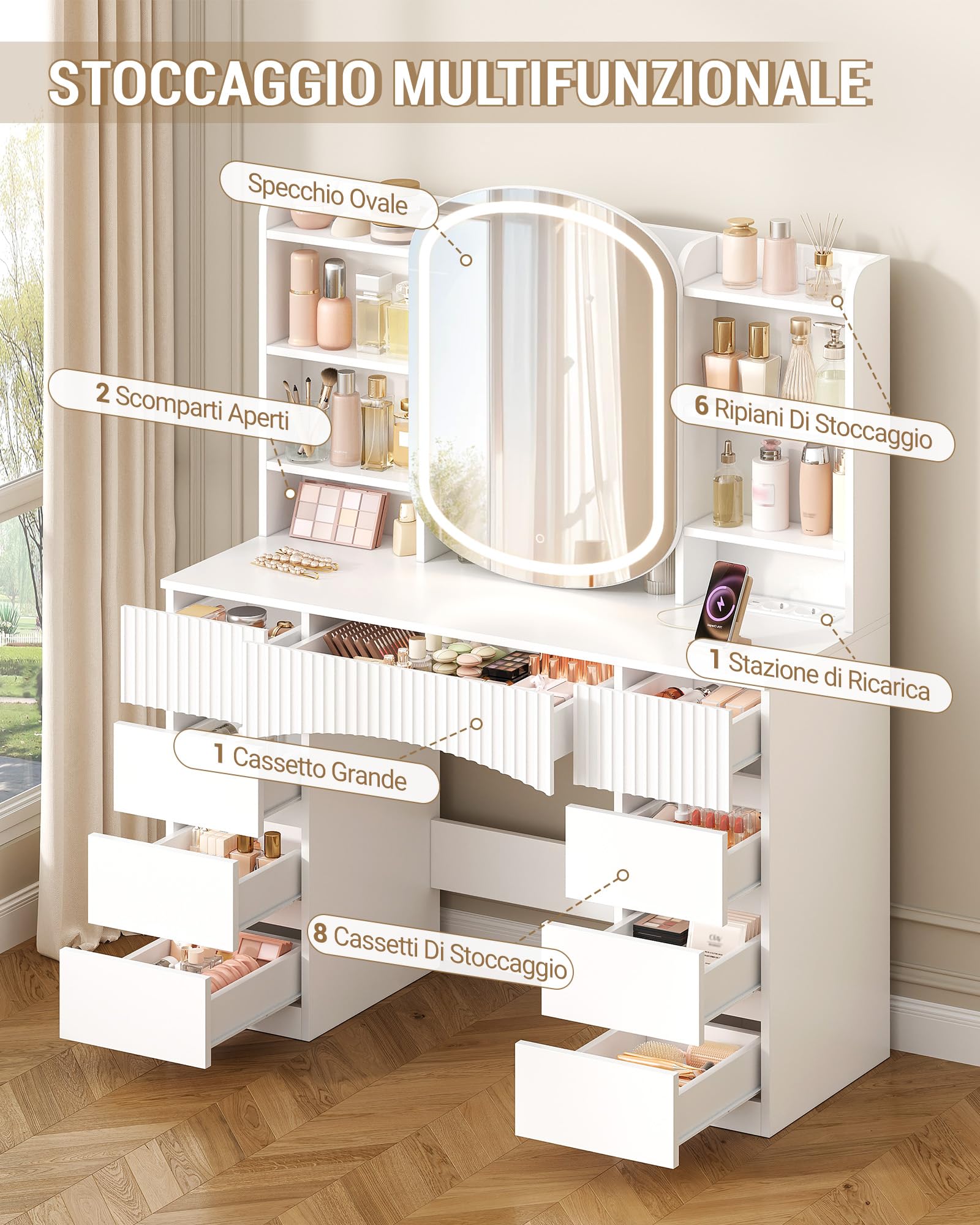 Hzuaneri 108 cm Toeletta Trucco, Postazione Trucco con Grande Specchio HD, Ciabatta Multipresa, Illuminazione a LED, 9 Cassetti, 11 Spazio di Archiviazione, per Camera da Letto, Bianco 1180103XEU