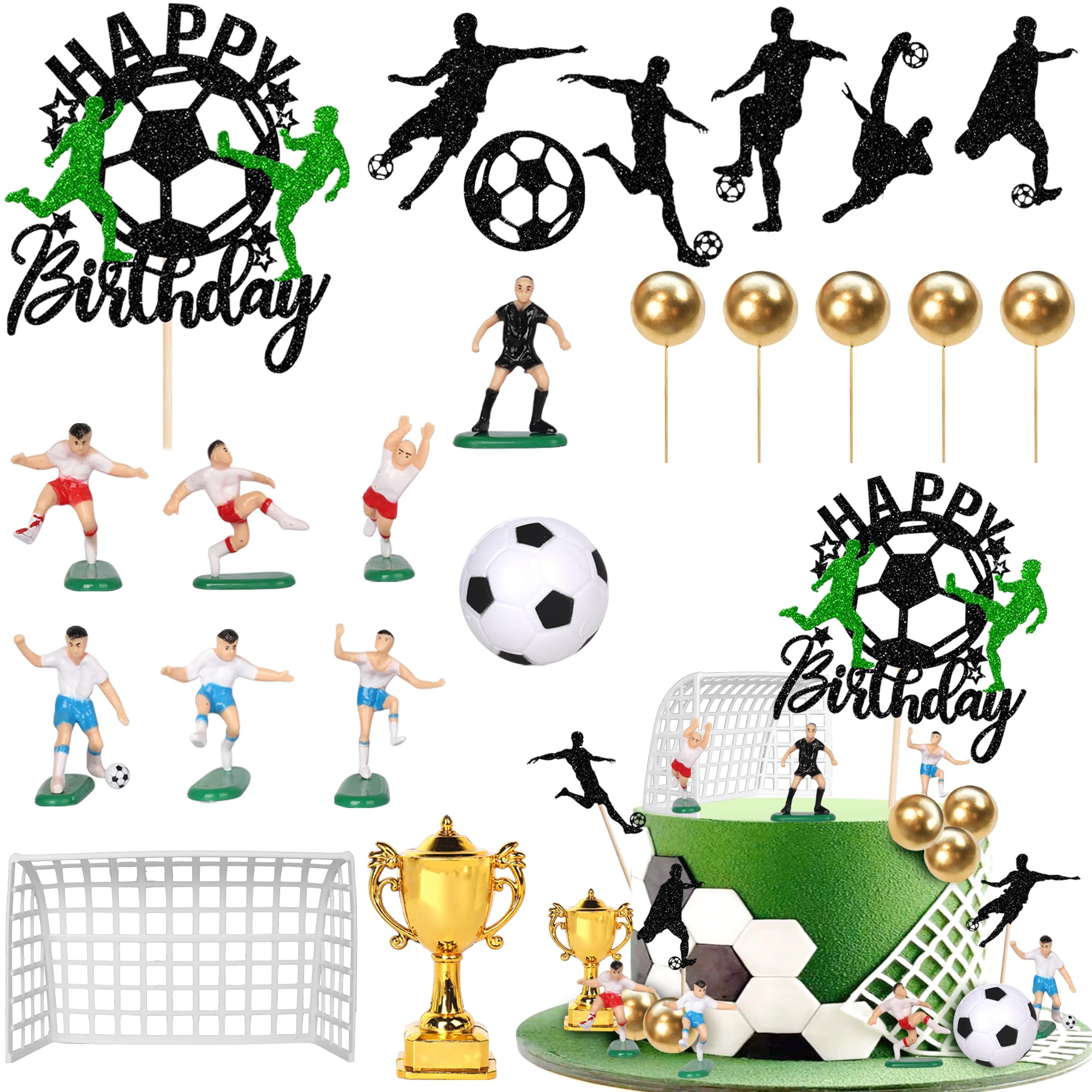 SYKYCTCY 15 Pack Soccer Cake Topper Decorations Ball Cupcake Topper and Player Figure for Birthday Party Sport Theme Party Supplies for Men and Boys