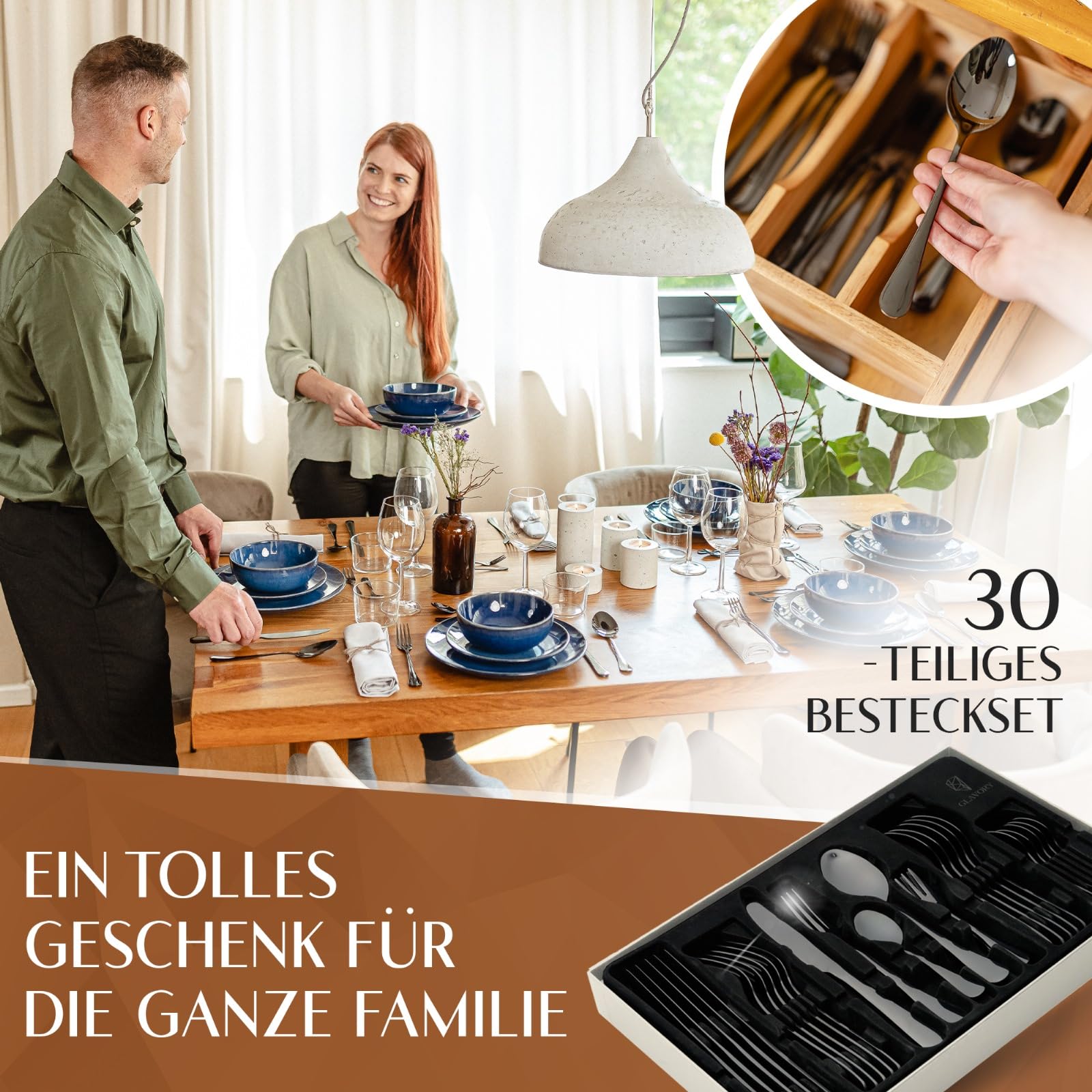 Glavory Lumina - Besteck Set 6 Personen Schwarz Hochglanz - 30teilig - Besteckset Spülmaschinenfest aus rostfreiem 18/8 Edelstahl - Schwarzes Besteck mit edler Verpackung