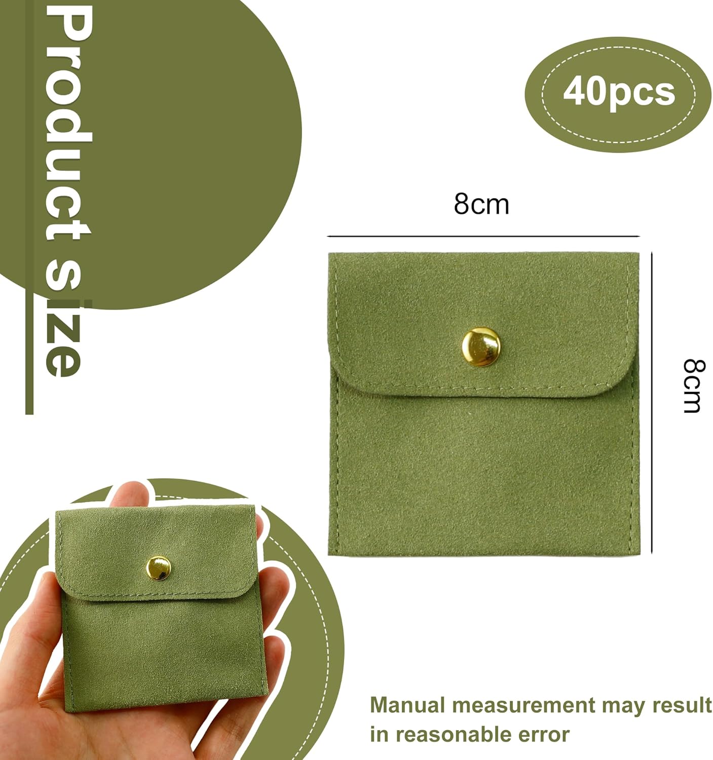 40pcs Green Microfiber Jewelry Pouch Button Bag 8 x 8cm, Jewelry Packaging Bag Luxury Small Favor Bags Jewelry Gift Bags for Earrings Necklaces Bracelet Ring