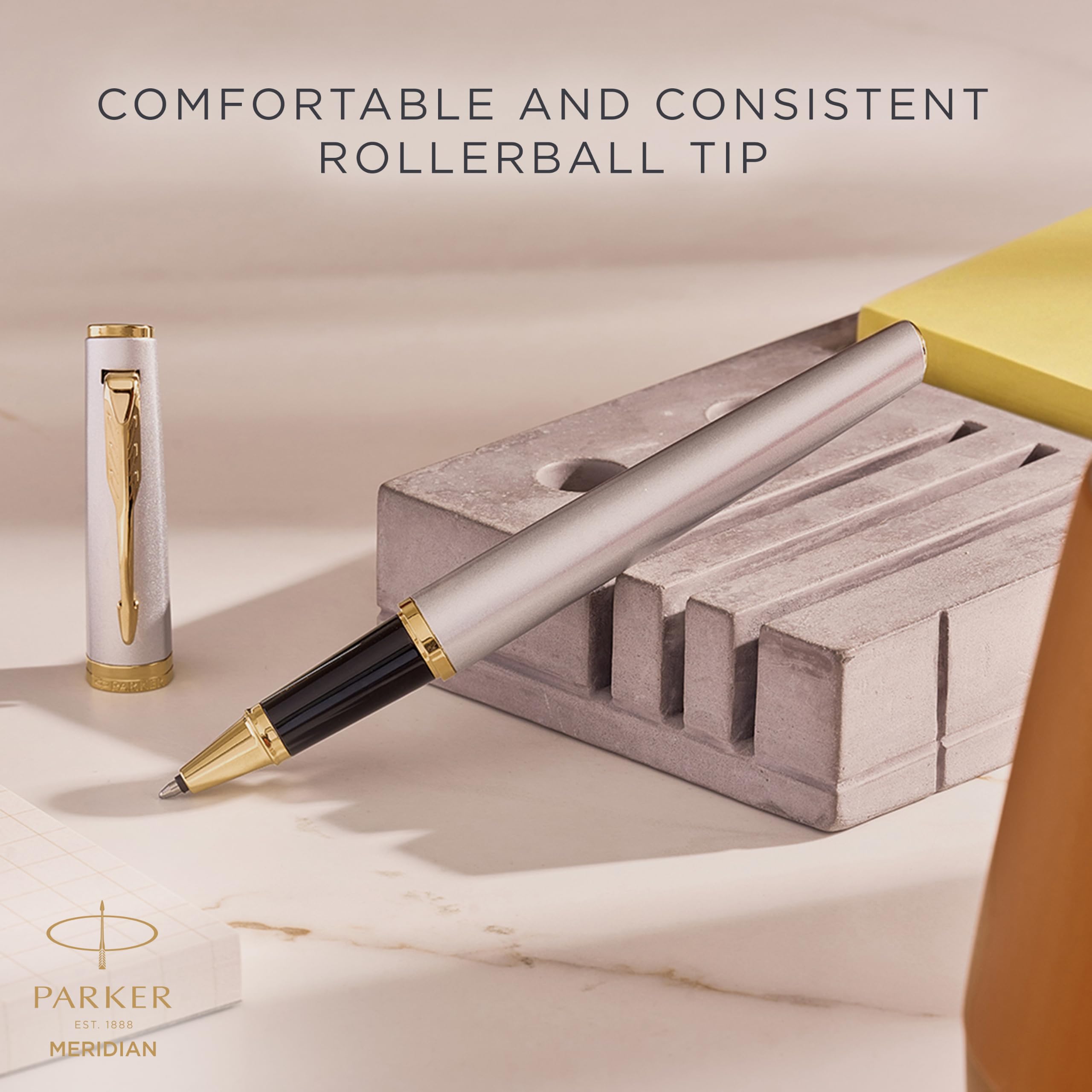 Parker Meridian Stylo roller | Laque chromée avec garnitures dorées | Plume fine | Stylos pour l'écriture et Fournitures de papeterie | Encre noire | Boîte cadeau de luxe