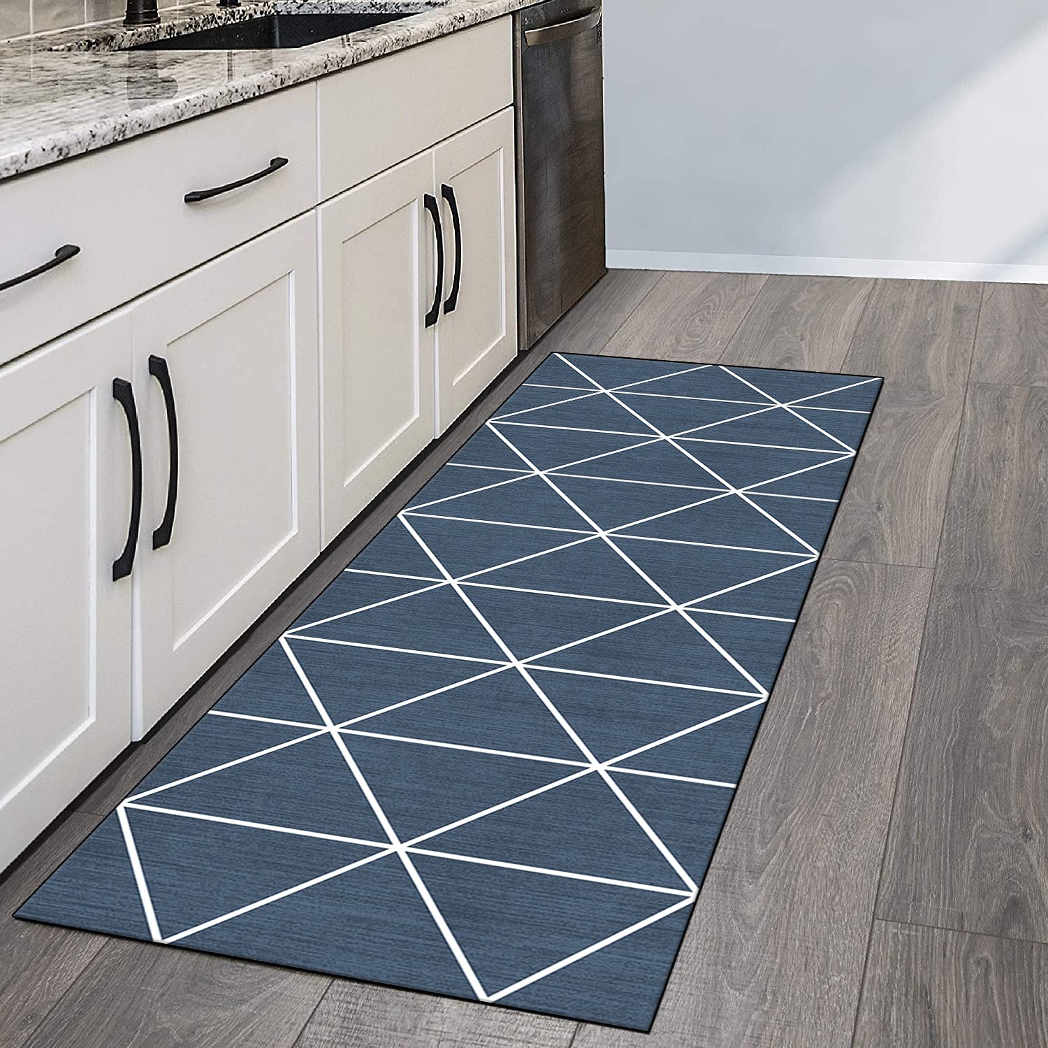 Vloerkleed, loper, hal, antislip, modern, rooster, 90x160 cm, marineblauw, per meter, wasbaar, tapijtloper, slaapkamer, gang, keukenloper, lang, aanpasbare grootte, 40-120 cm breed