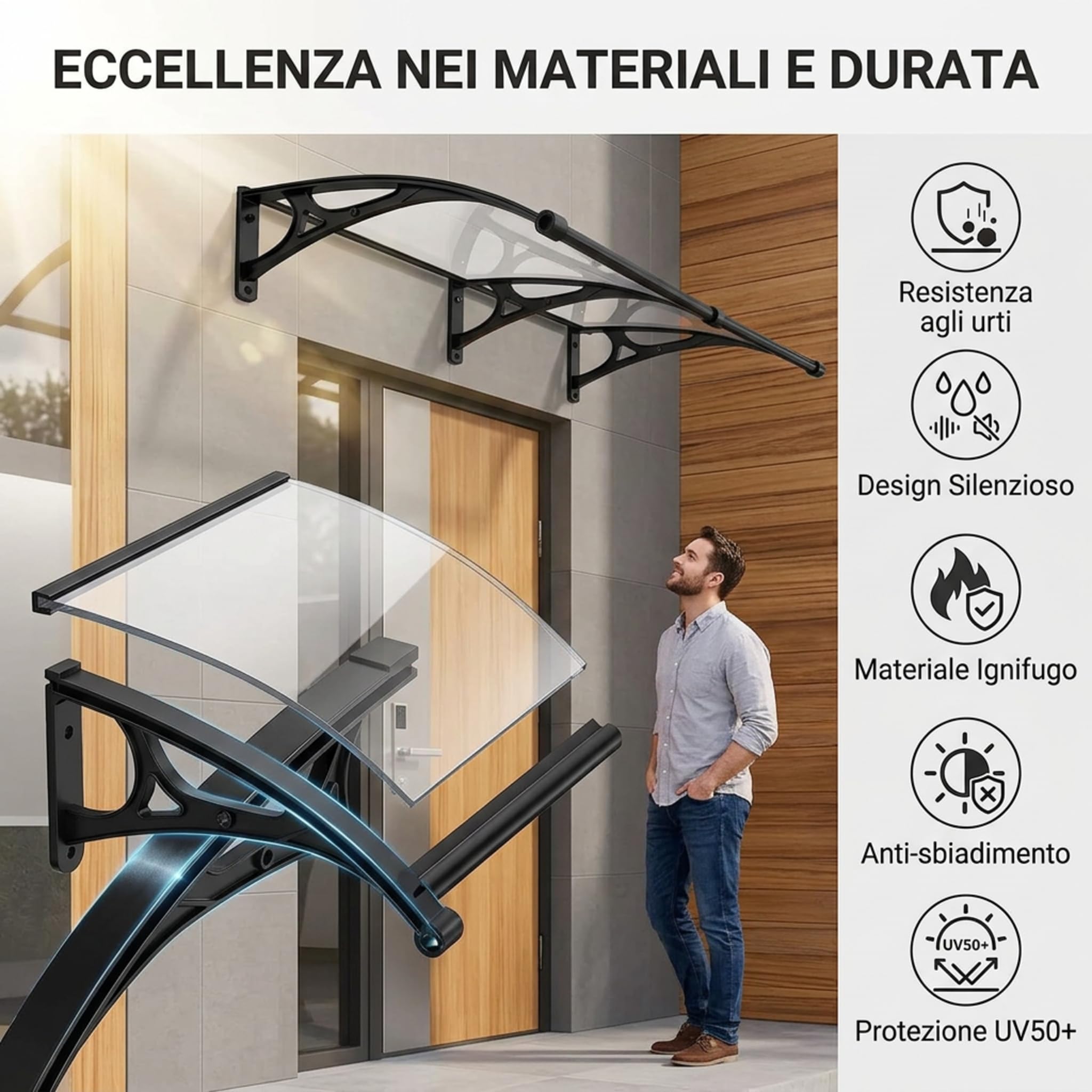 120x200cm pensilina da esterno【ERRTSDB tettoia, Grigio Argento+Verde】Protezione UV, Pioggia, Modulare con Groove di Scarico per Porte Balcone Finestre Elegante E Resistente