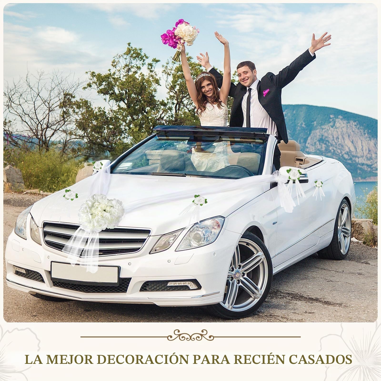 Decoración para Coche de Boda en Forma de Corazón, Set con 1 Guirnalda Corazón, 4 Flores para Manijas, 2 Cintas de Tul (1,8m), etc. – Para "Just Married", Despedida de Soltera y Ceremonia