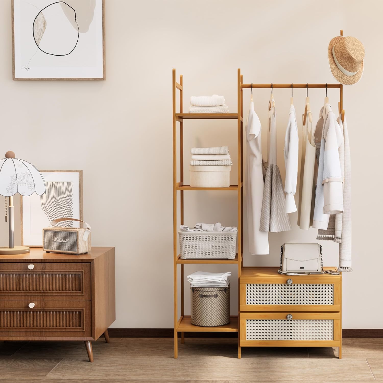 bamboo clothes rack,garment rack with drawers and shelves,5 tier storage shelves with 6 hanging hooks,wardrobe closet for entryway guestroom kids bedroom (31.5inch width natural with rattan door)