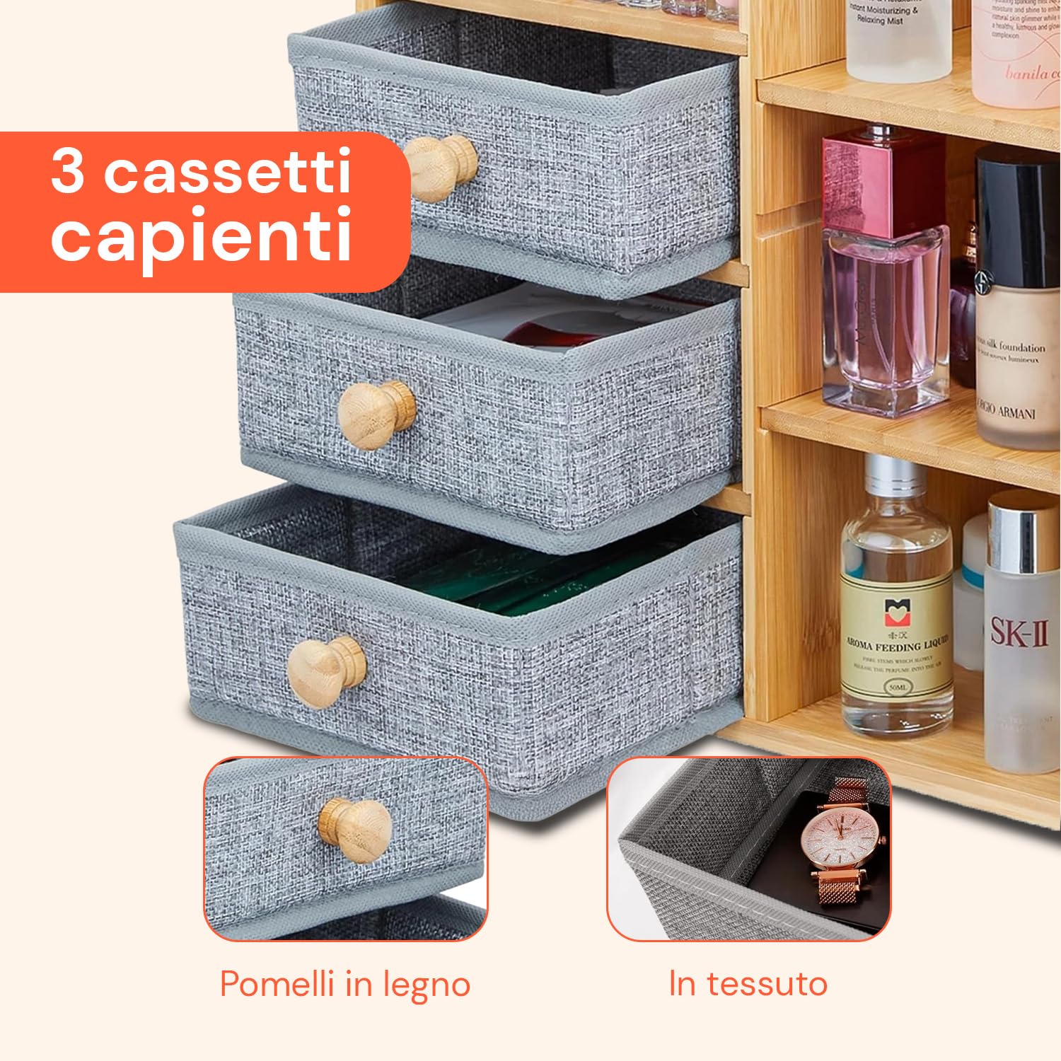 Avilia - Organizer Scrivania in Bambù Salvaspazio con Cassetti e Ripiani Regolabili Impermeabili, Organizzatore Scrivania Multiuso per Ufficio e Bagno, con Struttura Compatta e Design Moderno