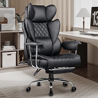 Executive Office Chair, Big and Tall Ergonomic Desk Office Chair with Footrest, Heavy Duty Height Adjustable 360°-Swivel Reclining PU Computer Chairs Black