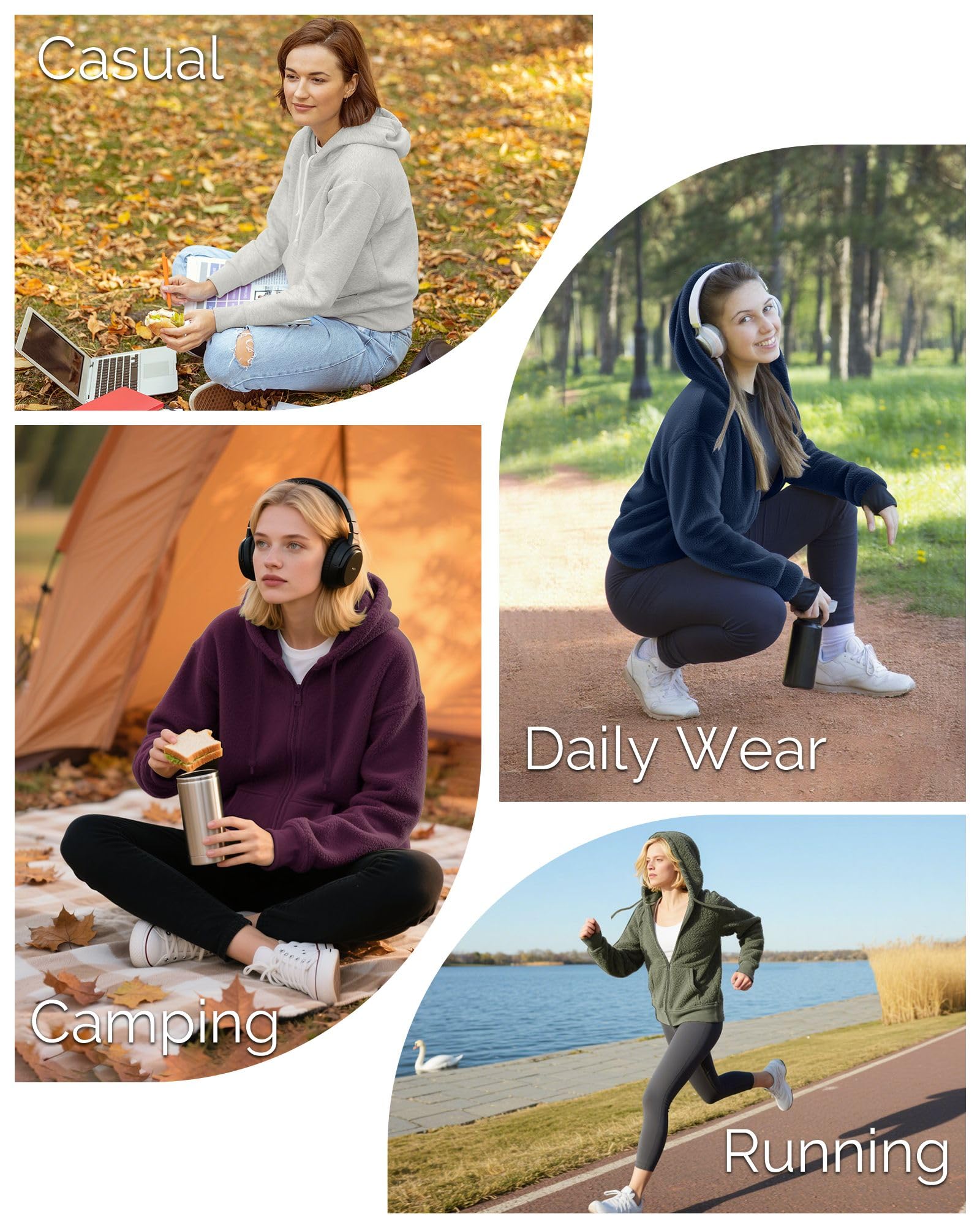 Outdoor Ventures Damen Fleecejacke mit Durchgehendem Reißverschluss Hoodie Frauen Fleece Sweatjacke Warm Kapuzenjacke Outdoor Damenjacke mit 6 Taschen für Wandern und Freizeit