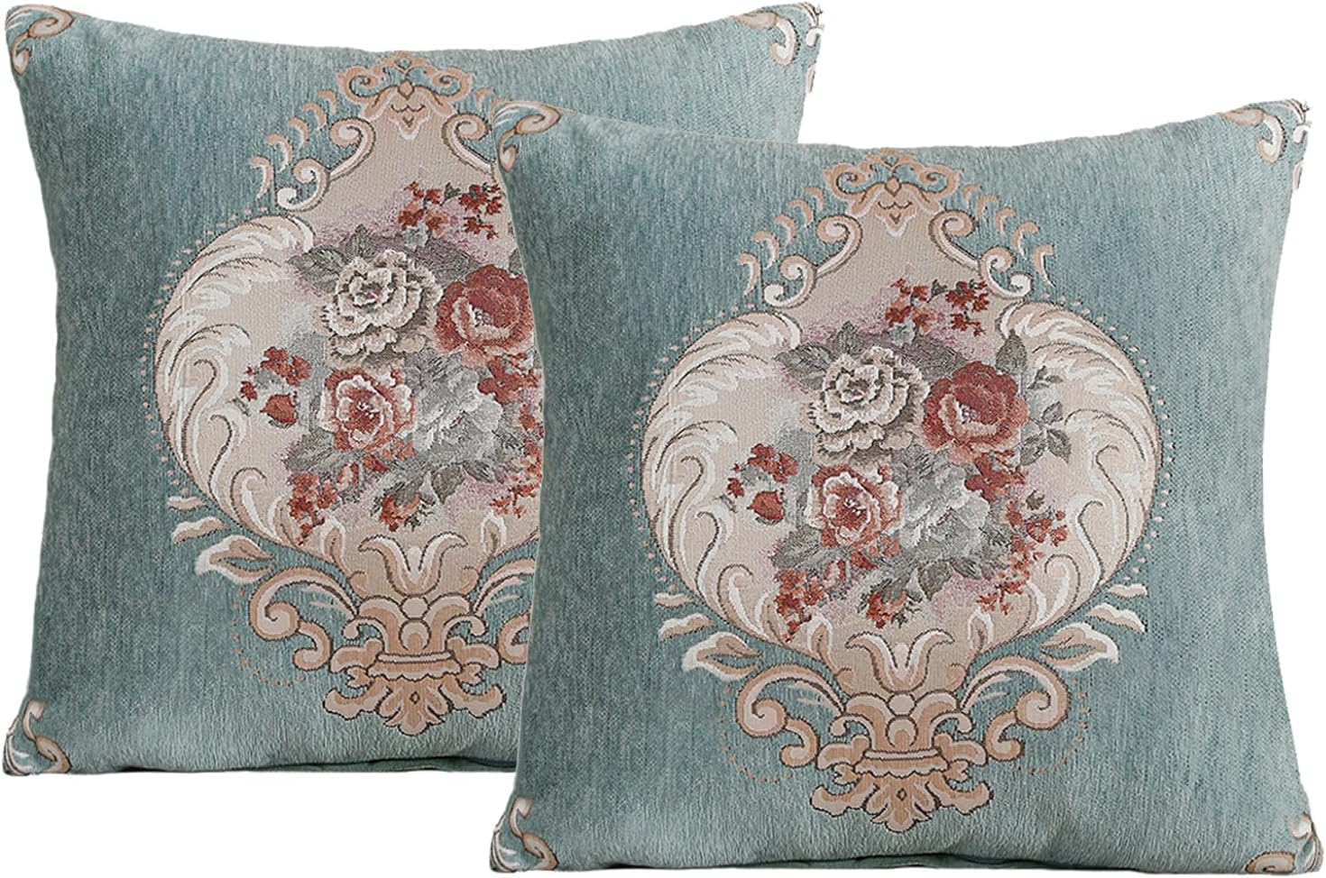 Set of 2 Green Vintage Throw Pillow Covers 18x18 Inch, Green Euro Sham Cushion Covers for Sofa Couch, Chenille Pillow Cases for Living Room Bedroom