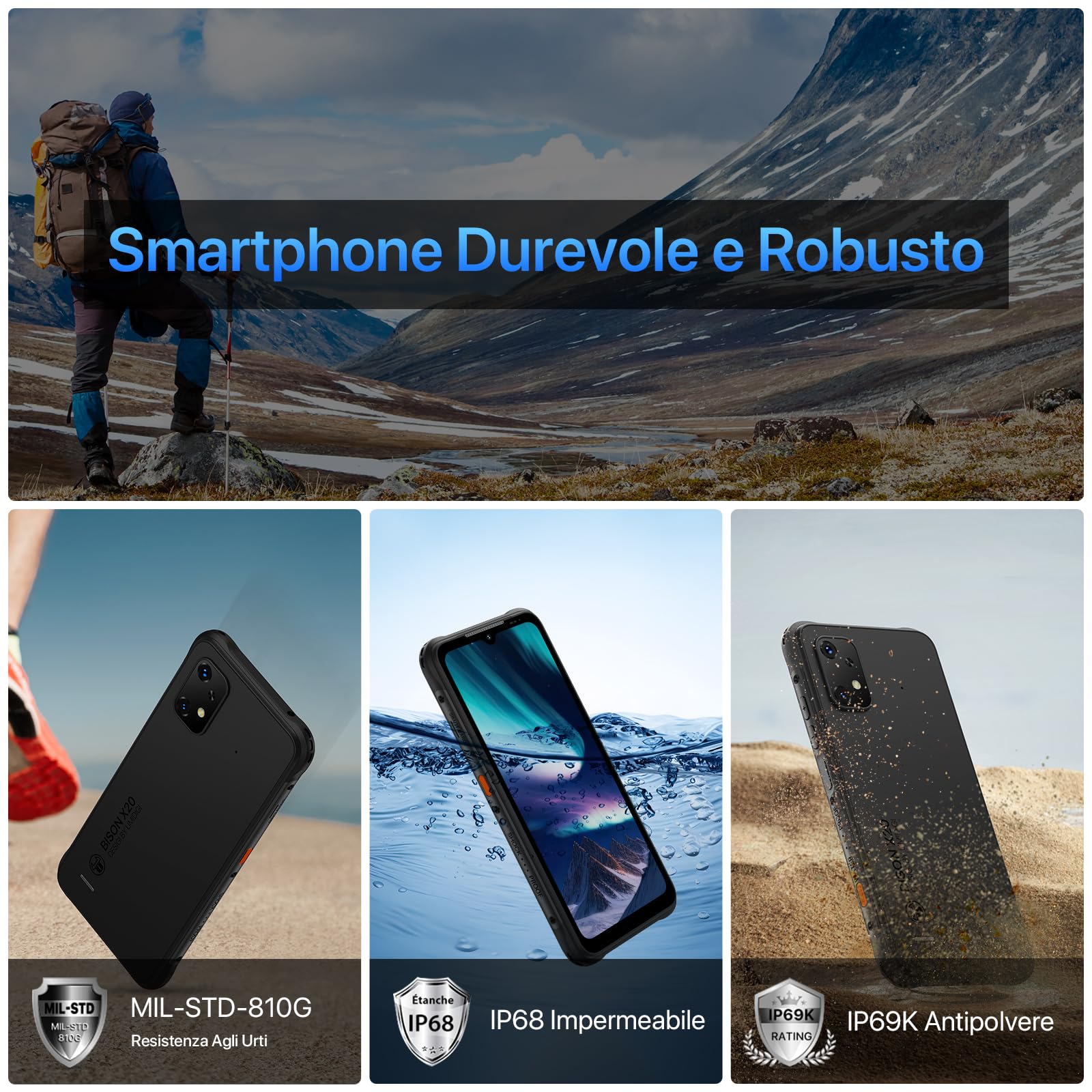 UMIDIGI BISON X20 Rugged Smartphone,12GB (6+6)+128GB/1TB Telefono Indistruttibile,6000mAh Android 13, 20MP Fotocamera, 6,53" Schermo, IP68 Impermeabile Cellulare Antiurto, Dual 4G SIM/Face ID/NFC/GPS