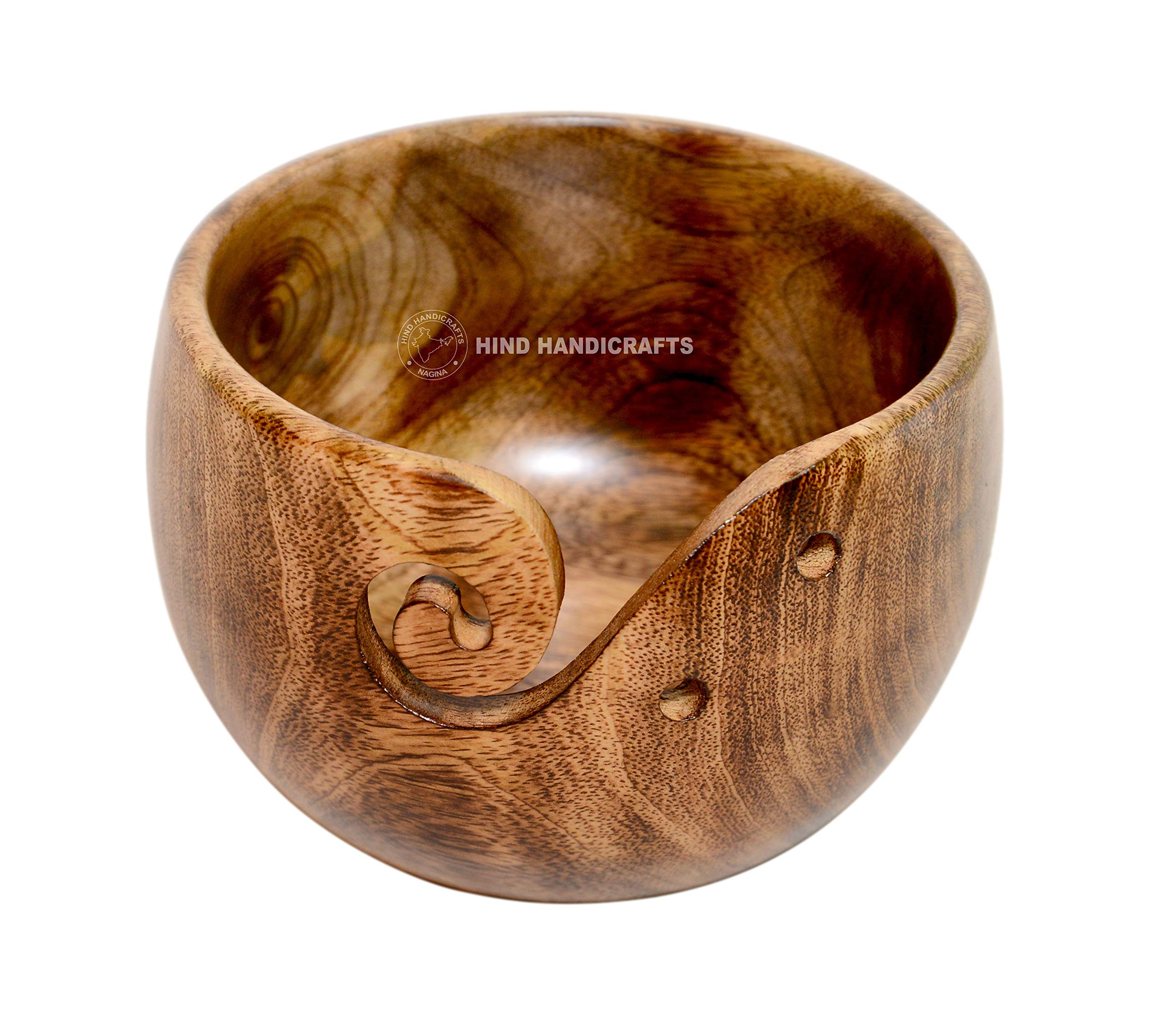 Hind Handicrafts Premium Solid Dark Handmade Crafted Wooden Portable Antique Yarn Storage Bowl - Holder for Knitting Crochet Hook Accessories (6" x 6" x 4", Antique - Torched 1)