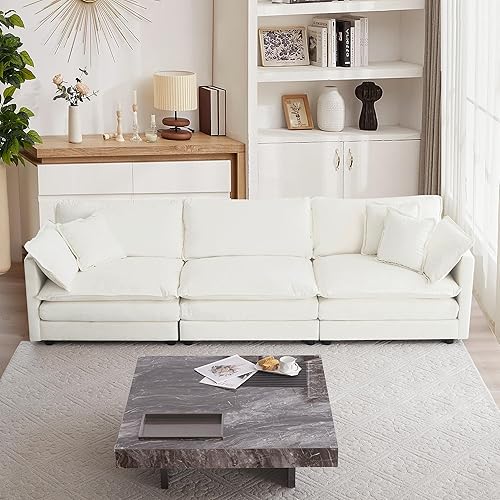 mikibama Luxury Modular Sectional Sofa, 111.5" Modern Chenille Comfy Cloud Couches for Living Room Office, 3 Seater Deep Sofa with 2 Armrest Pillows and 3 Toss Pillows, Beige