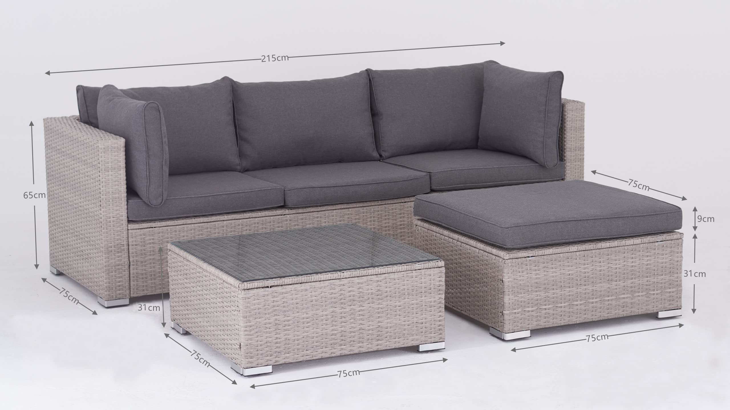 Polyrattan Lounge Sitzgruppe Gartenmöbel-Set Poly Rattan Garnitur 3 Sitzplätze, Modell Bali, Rattan: Hell-Grau/Bezüge: Grau