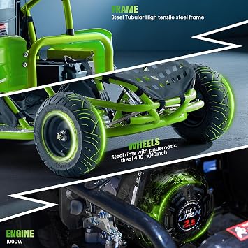 Electric Go Kart, 48V Powered Ride On Car, Steel Tubular Frame, Seat Belt, 13 inch All-Terrain Tires, Parental Speed Control (Green)