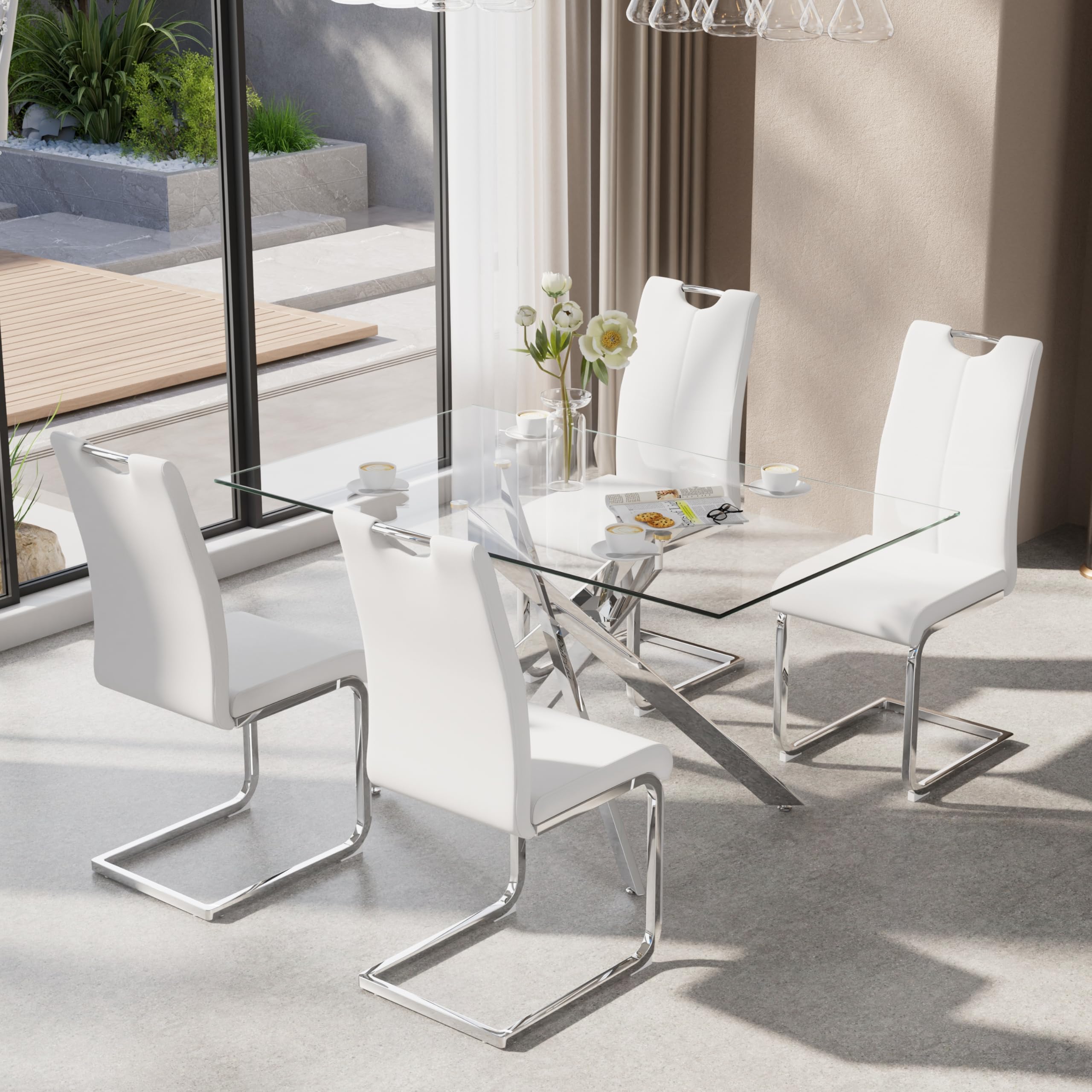 KATBOC 5-Piece Dining Table Set for 4, Modern Rectangular Glass Table with 4 Upholstered Leather Chairs, Space-Saving Dining Room Furniture Table &