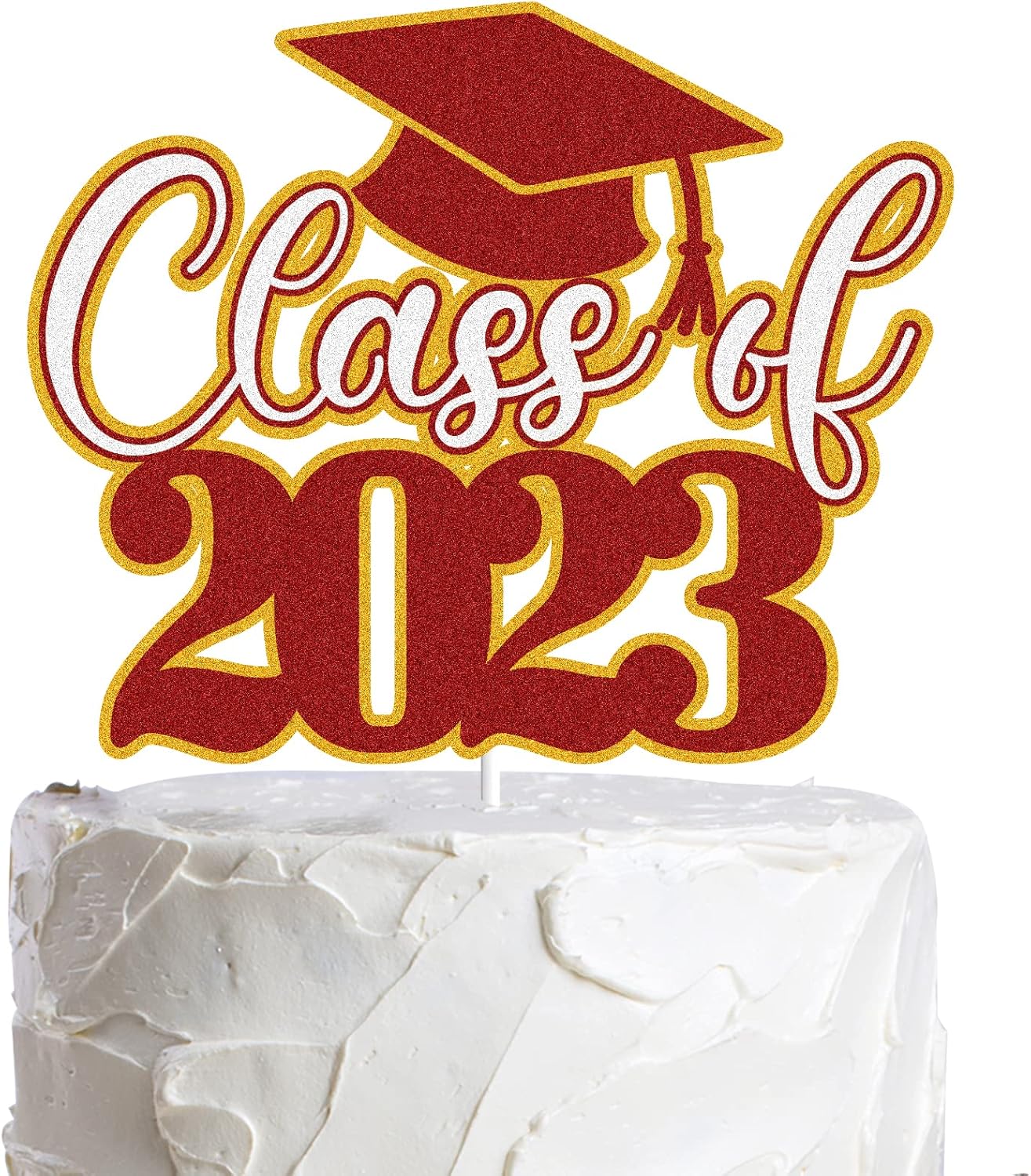 Class of 2023 Graduation Cake Topper Gold Red Glitter Grad