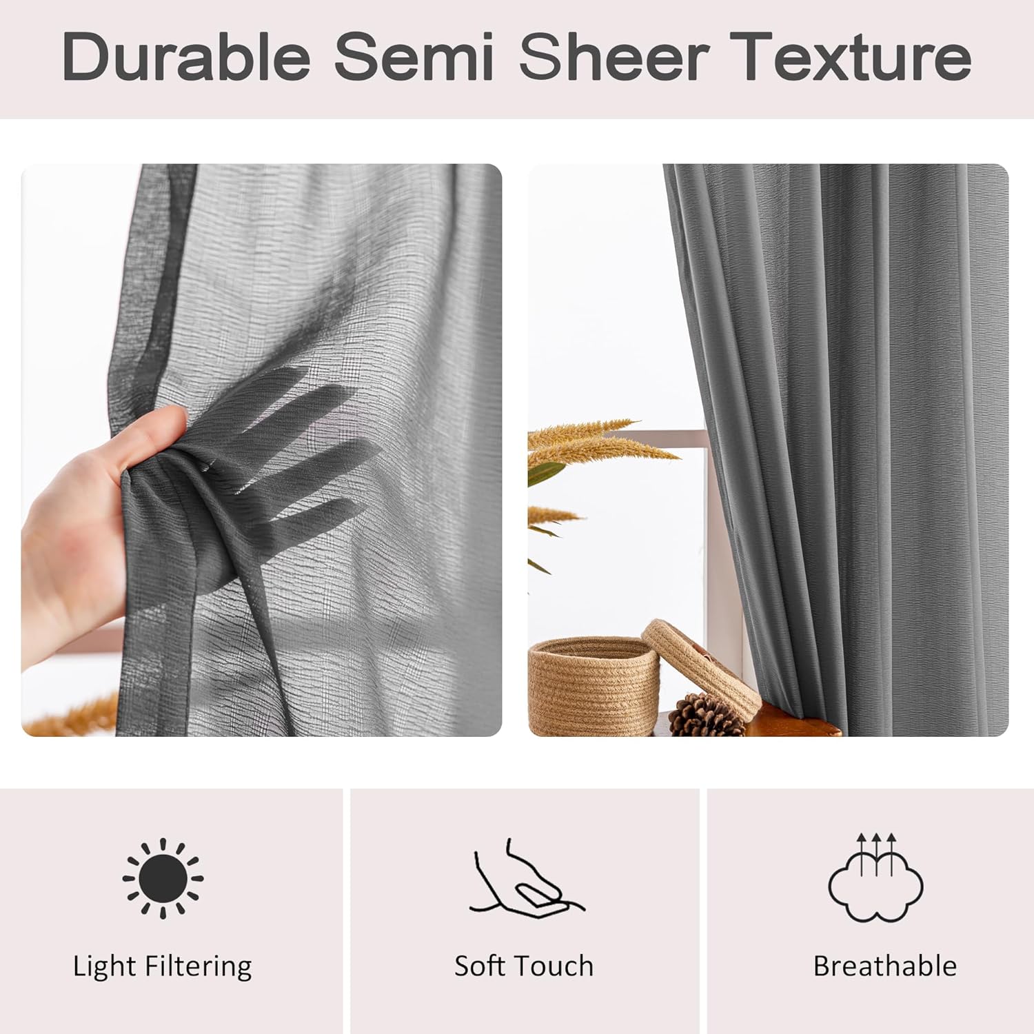 Pinch Pleated Sheer Curtains 96 Inch Length 2 Panels Set, Semi Voile Sheer Curtains for Bedroom Living Room Pinch Pleated Soft Touch Light Filtering Drapes(Gray, 42 W x 96 L, 2 Panels)