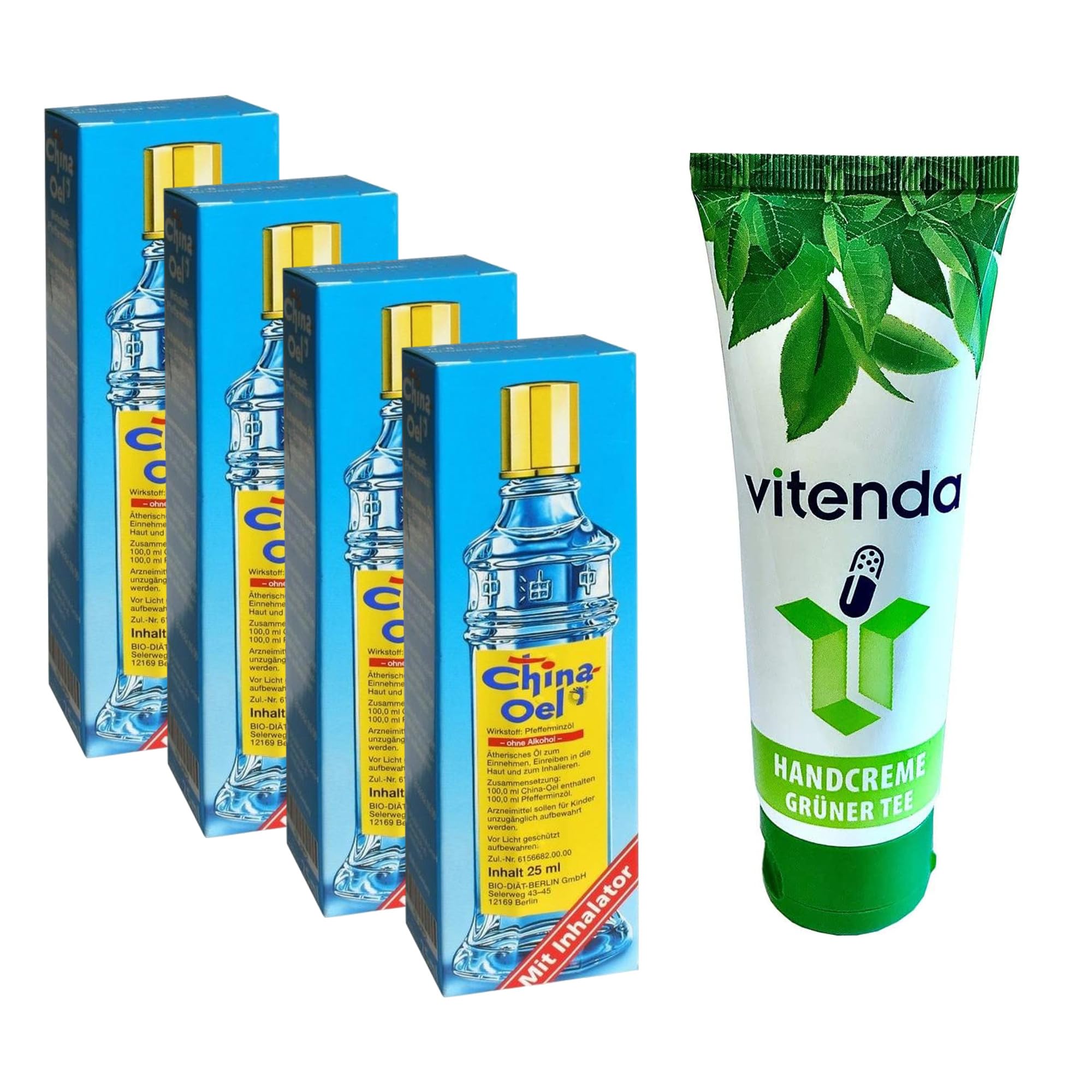 Set: Pfefferminzöl Ätherisches Öl mit Inhalator mit China-Öl bei Erkältung & Magen-Darm, 4x25ml – inkl. vitenda Handcreme