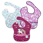 Bumkins Bibs for Girl or Boy, SuperBib Baby and Toddler for 6-24 Months, Essential Must Have for Eating, Feeding, Baby Led Weaning Supplies, Mess Saving Catch Food, Fabric 3-pk Unicorns and Rainbows