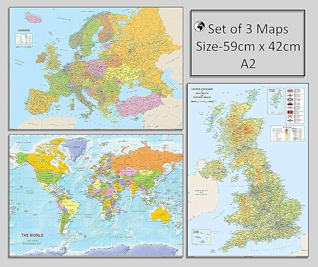 Set of 3 A2 Maps - World, Europe, UK