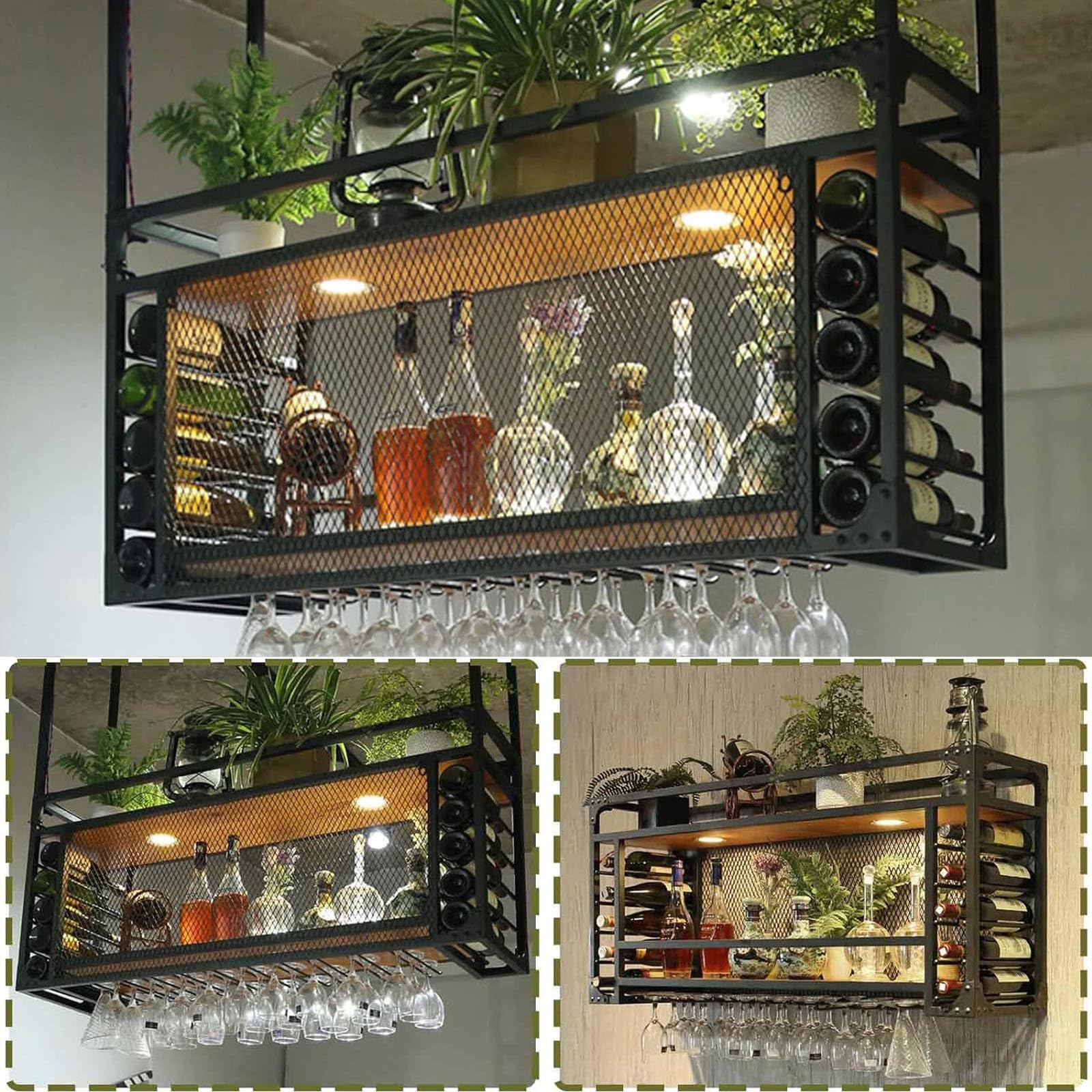 Portabottiglie da Parete con Supporto per Bicchieri in Metallo a soffitto - Organizzatore salvaspazio per calici per casa, Ristorante e Bar - Design Multifunzionale (95x30x50 cm)