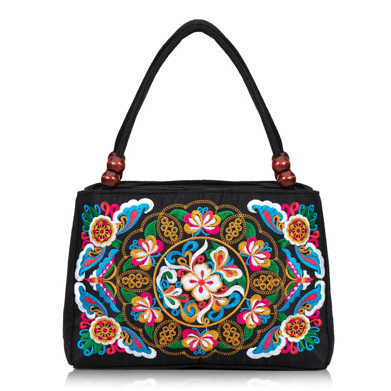 JursccuDouble-Sided Embroidery Totes Bag Travel Beach Bag Vintage Embroidery Ethnic Shoulder Bags