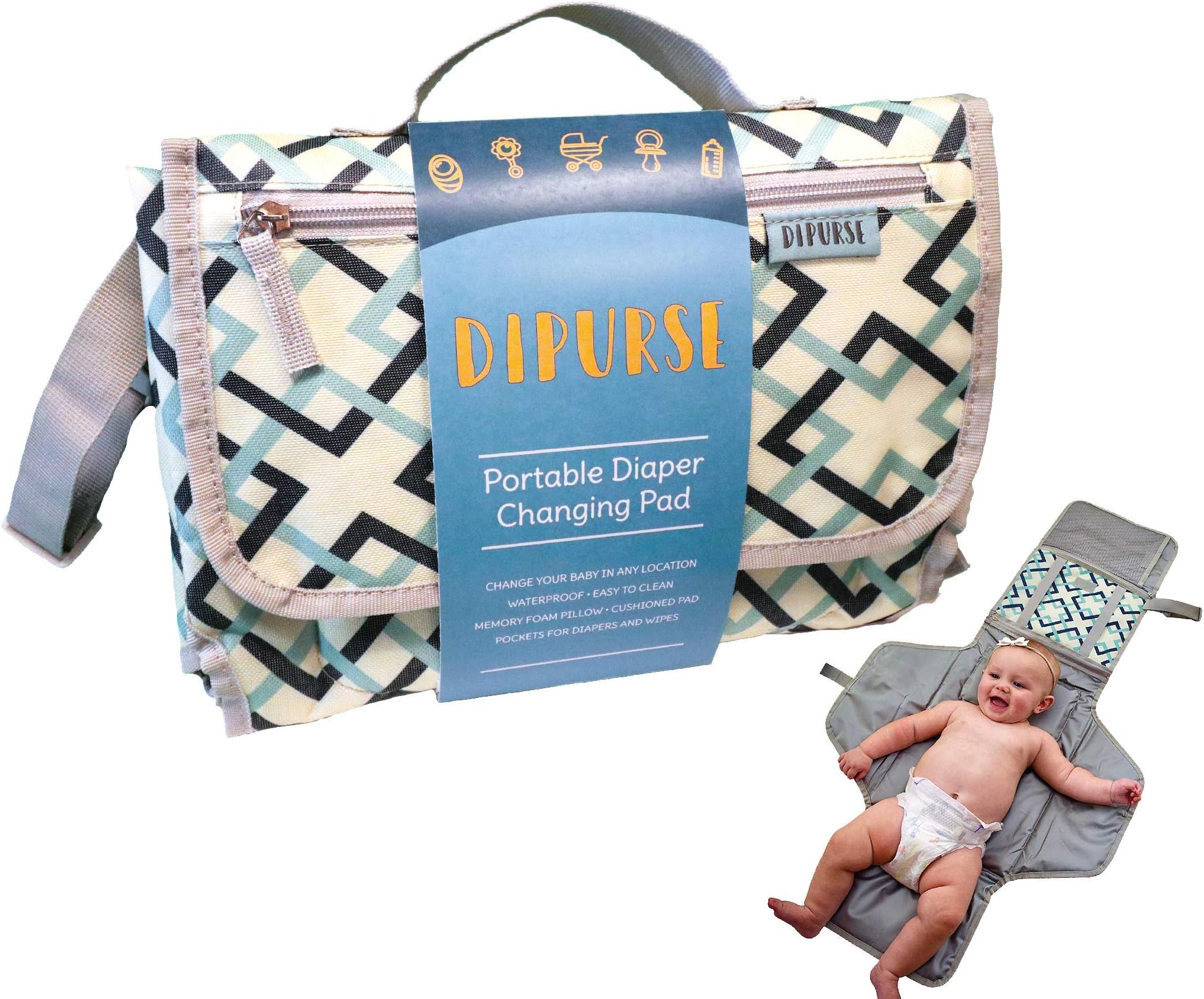 Limited Time Sale! | Portable Diaper Changing Pad by Dipurse | Stylish Trendy Design | Easy to clean; Baby Head Pillow; Pockets for Diapers, Wipes and Creams