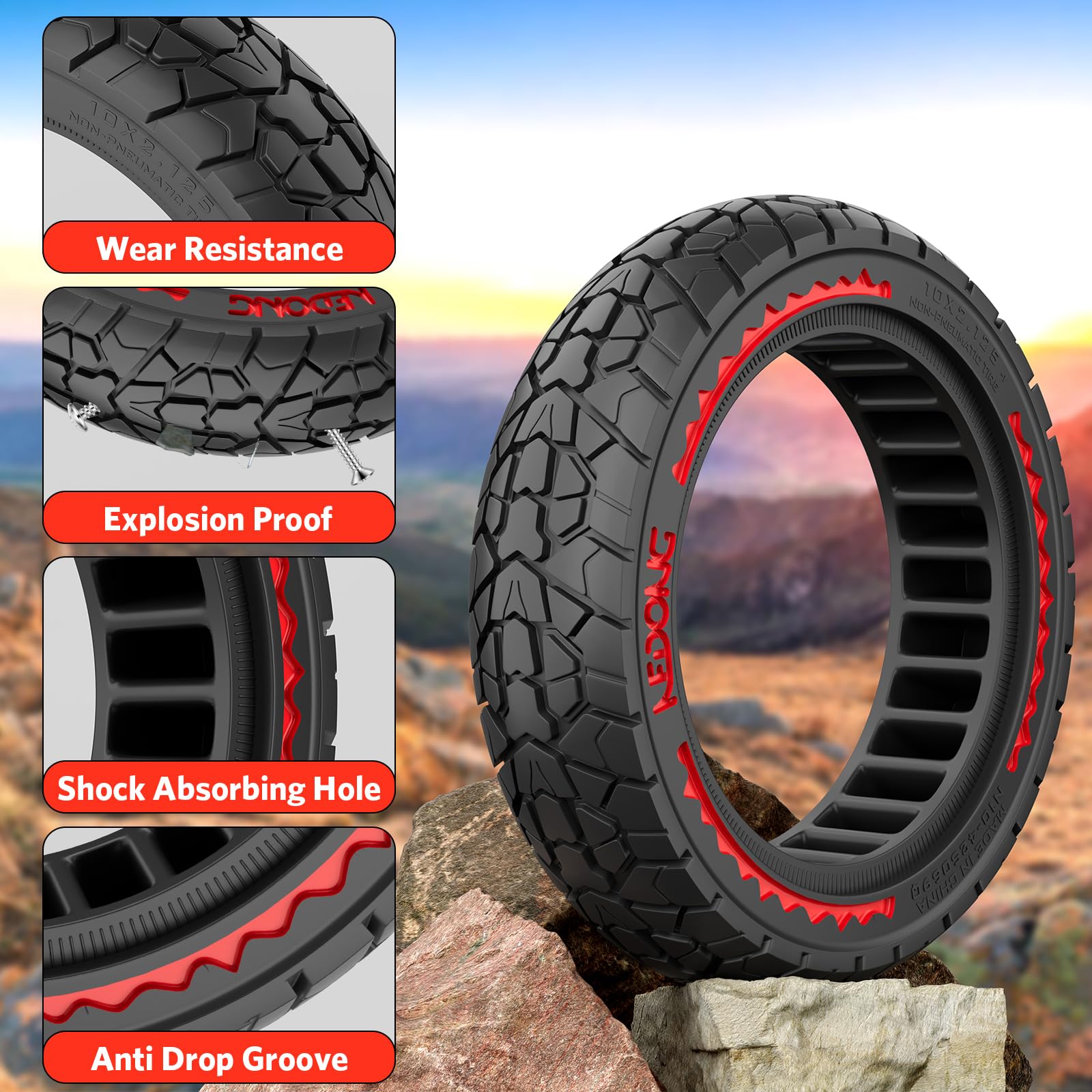 OUXI 10X2.125 Off Road pneumatico per scooter elettrico Ninebot F20/F30/F40/F65, 10 pollici anteriore/posteriore pneumatici in gomma piena Tubeless e-scooter pneumatici(rosso 2pcs)