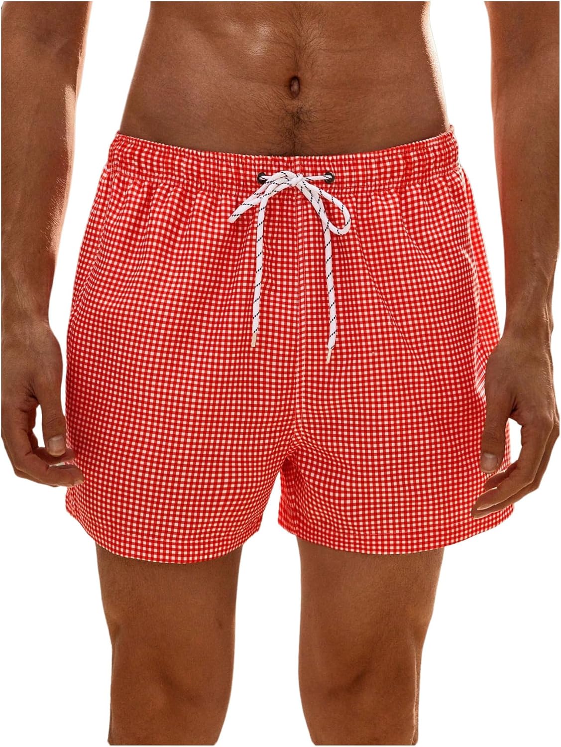 SHENHE Men's Gingham Plaid Swim Trunks Drawstring Hawaiian Surfing Beach Board Shorts