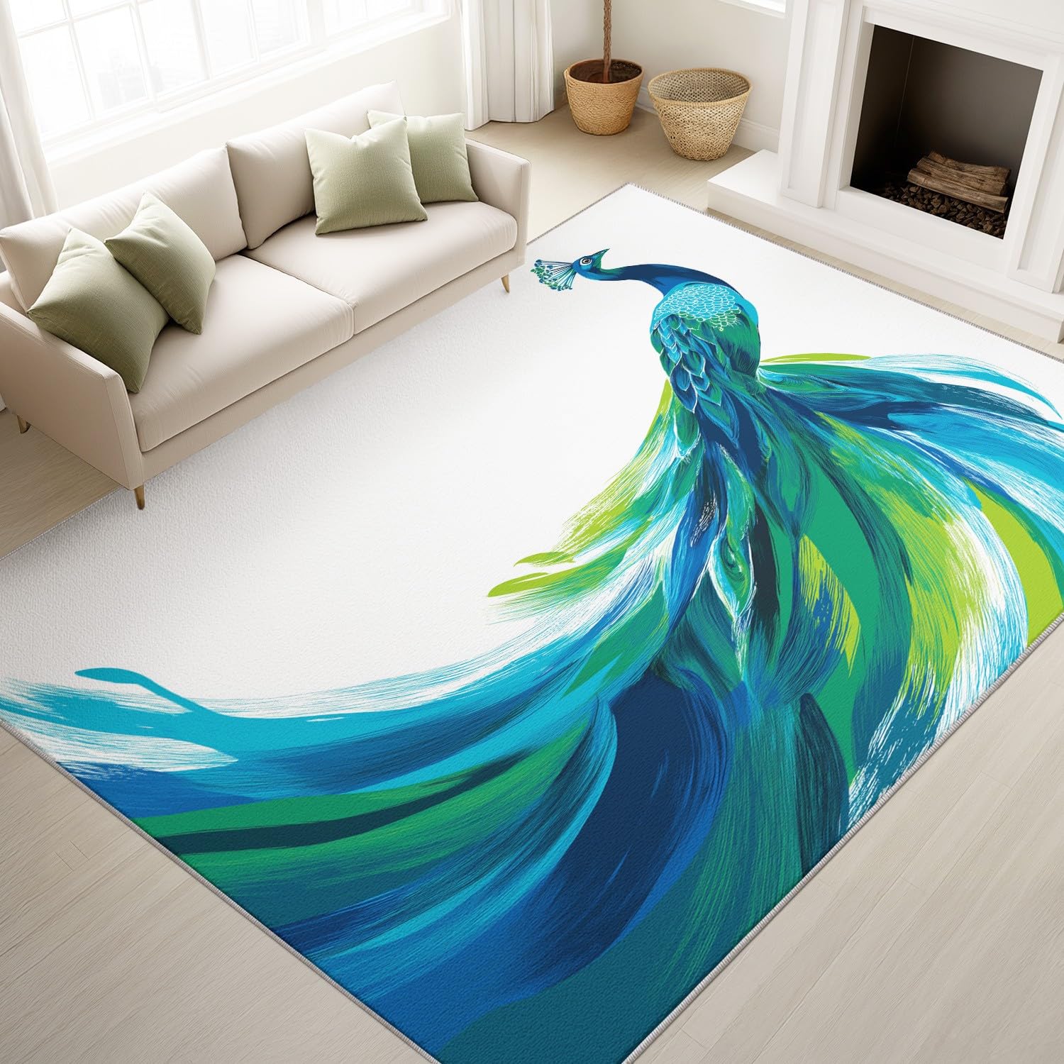 Tapis lavable 60x90 antidérapant et doux au motif plume de paon bleu