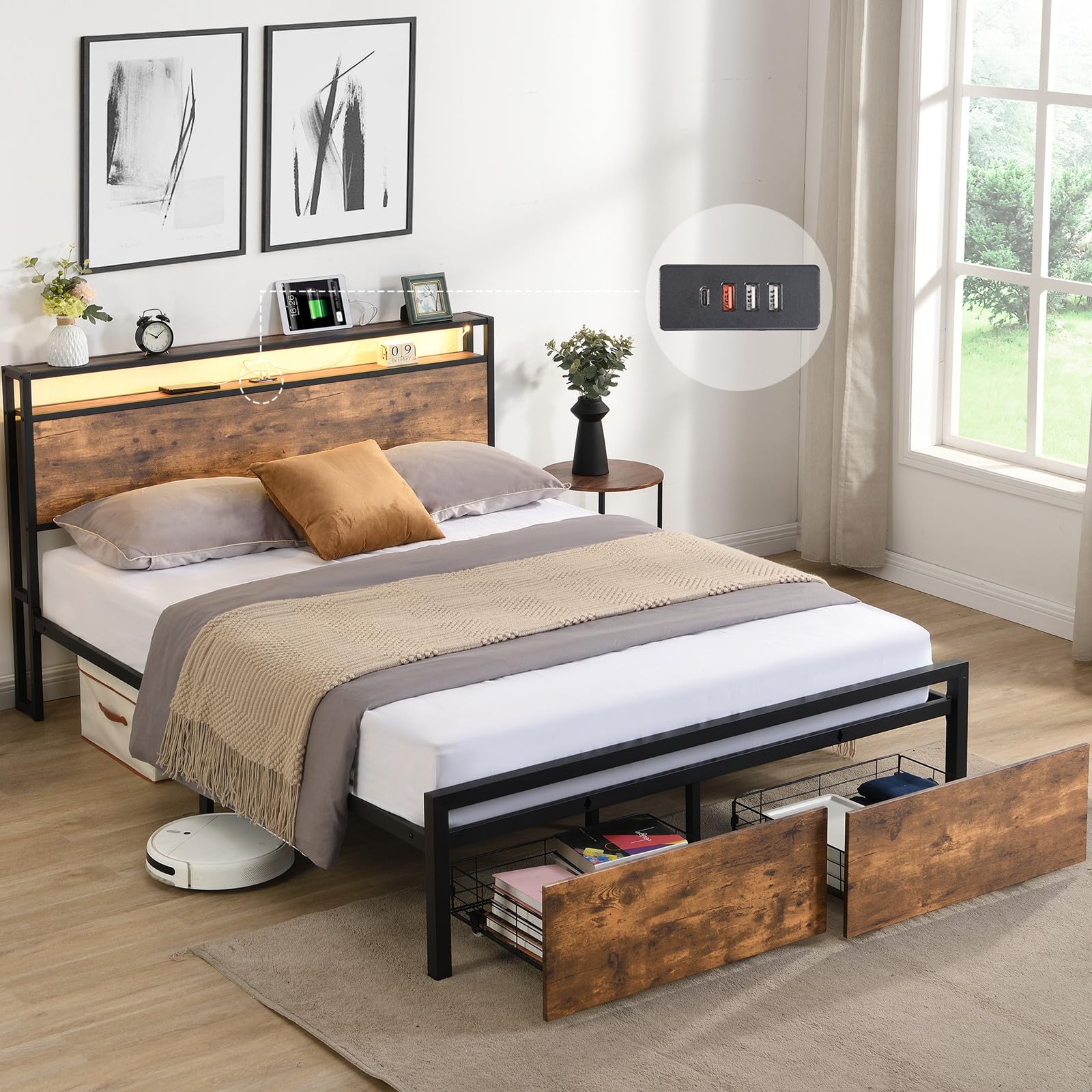 Queen Bed Frame with Headboard and Storage,Metal Platform Bed Frame with 2 Drawers,Built in Charging Station & LED, No Box Spring Needed,Noise-Free, Easy Assembly