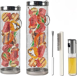 Rolling Grilling Baskets 2 PCS, BBQ Grill Baskets for Outdoor Grilling,Stainless Steel Grill Basket for Veggies Vegetable ...