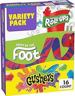 Variety Pack - Fruit by the Foot, Fruit Roll-Ups, Gushers, Fruit Flavored Snacks, Gluten Free Gummy Kids Snack, Good Source of Vitamin C, 16 Individually Wrapped Pouches, Perfect for On The Go, 10.2 oz Box