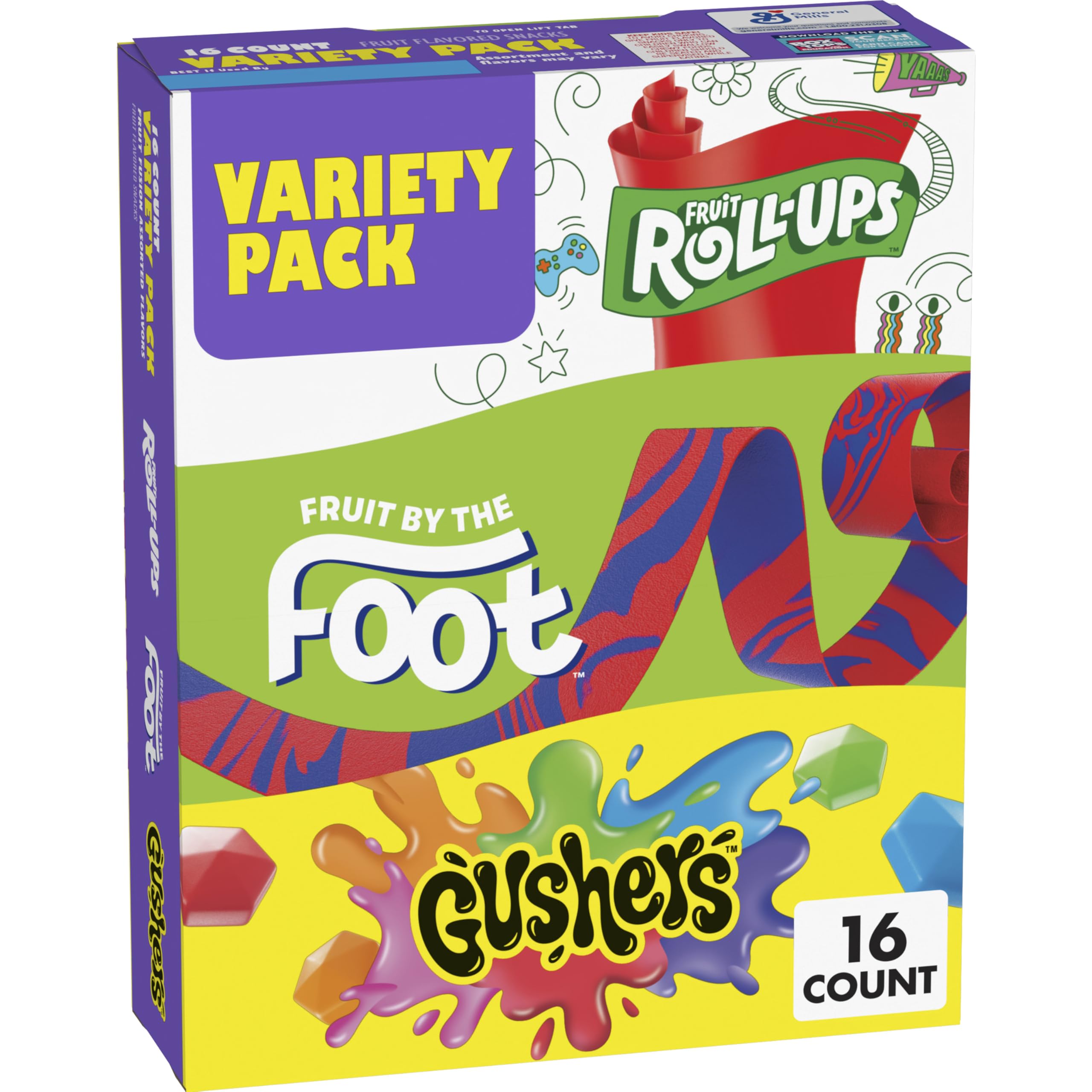 Variety Pack - Fruit by the Foot, Fruit Roll-Ups, Gushers, Fruit Flavored Snacks, Gluten Free Gummy Kids Snack, Good Source of Vitamin C, 16 Individually Wrapped Pouches, Perfect for On The Go, 10.2 oz Box