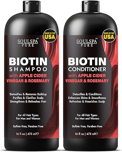 Juego de champú y acondicionador de biotina de vinagre de sidra de manzana, cuidado del cuero cabelludo aclarante ACV con aceite de romero y