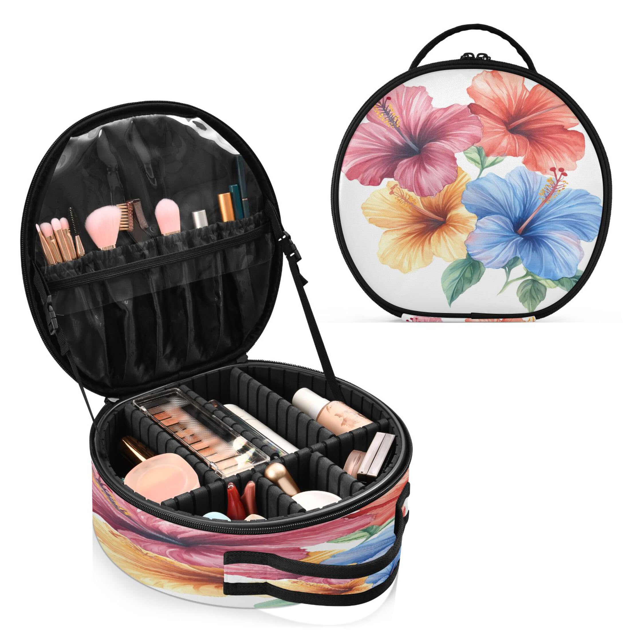 Takiito Watercolor Tropical Flower Travel Makeup Case Portable Makeup Box Artist Cosmetic Case Organizer With Adjustable Dividers