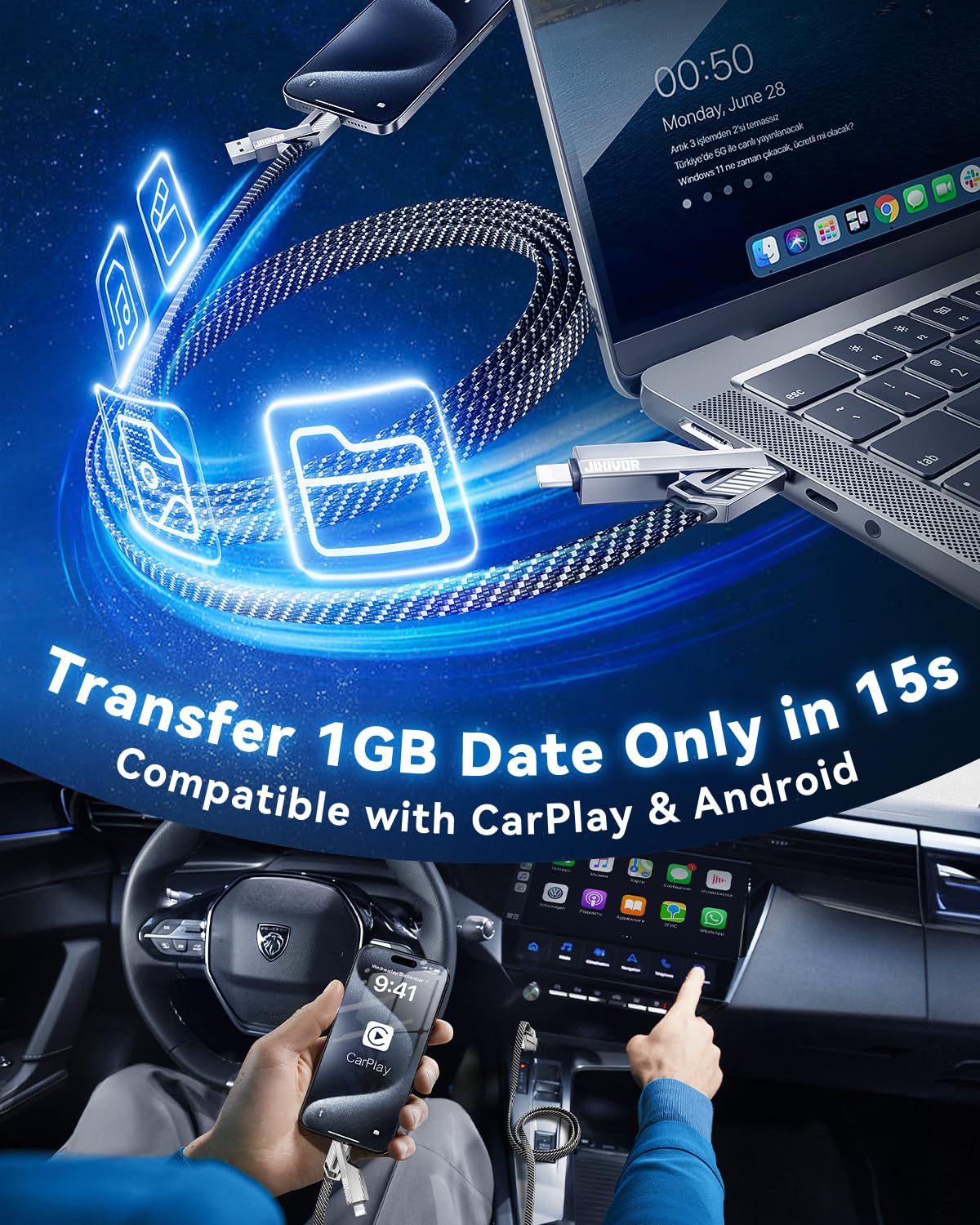 [Uno è sufficiente] 4 in 1 compatibile con cavo USB C a Lightning, ricarica ad alta velocità da 240 W e trasferimento dati veloce, supporto automatico CarPlay e Android Multi cavo di ricarica per