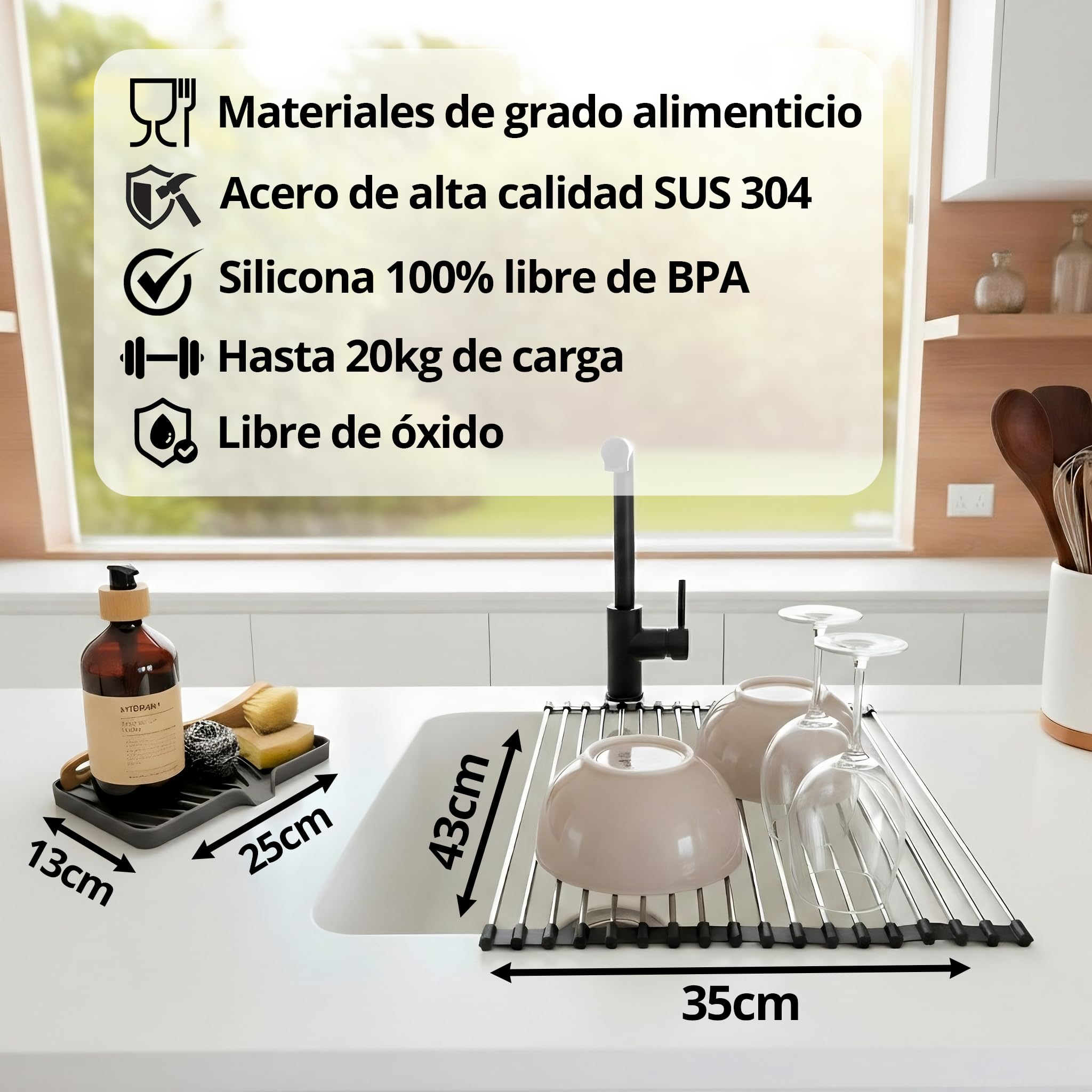 Escurreplatos sobre Fregadero + Soporte Estropajo, Escurridor de Platos y Verduras para Fregadero Plegable y Enrollable (43x35cm), Acero Inoxidable SUS 304 y Silicona, Base Resistente al Calor