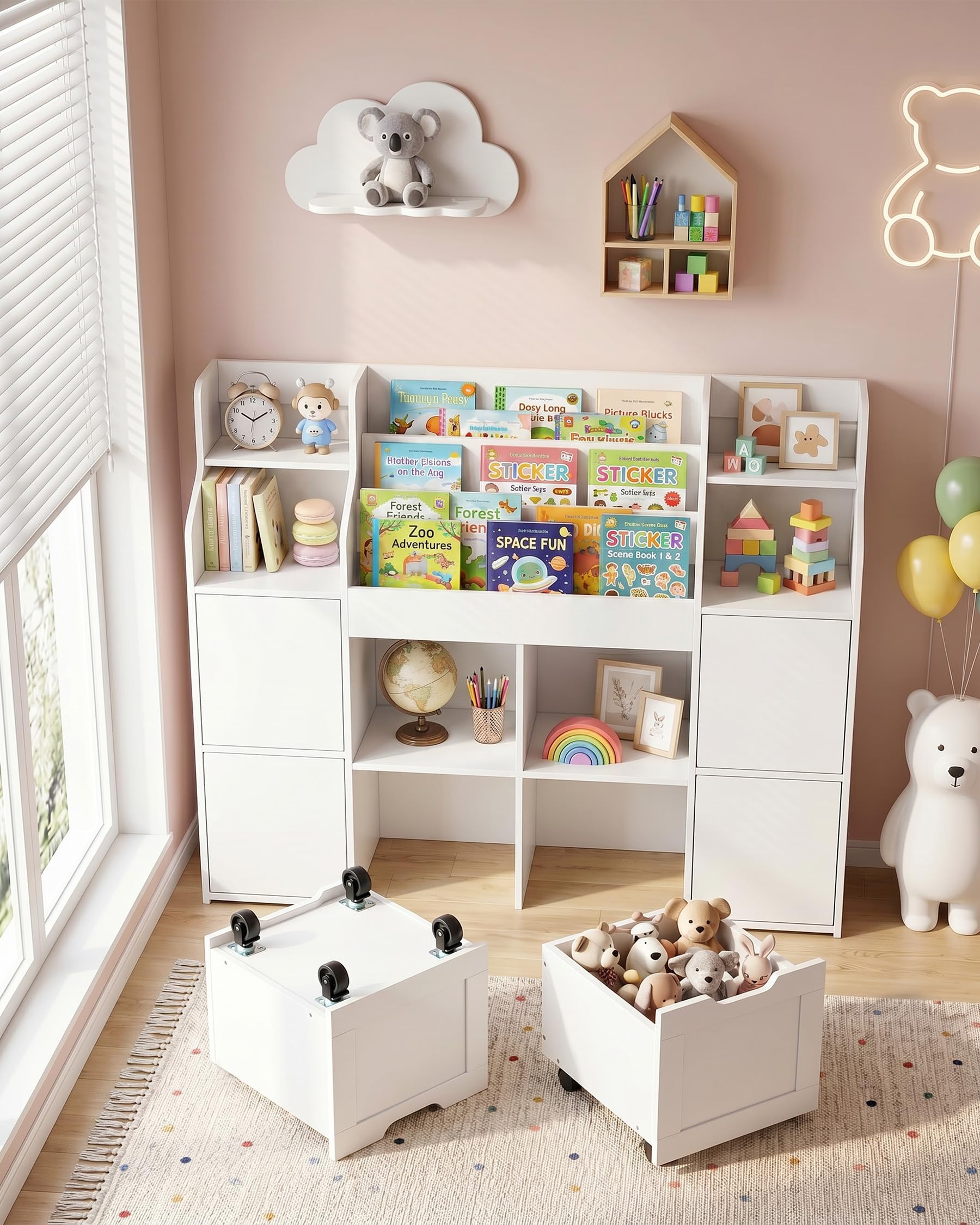 Bibliotheque Enfant avec 2 tiroirs, Blanche Etagere Livre Montessori pour Chambre, Meuble Rangement Jouet sur 8 roulettes, Fixation Murale Stable