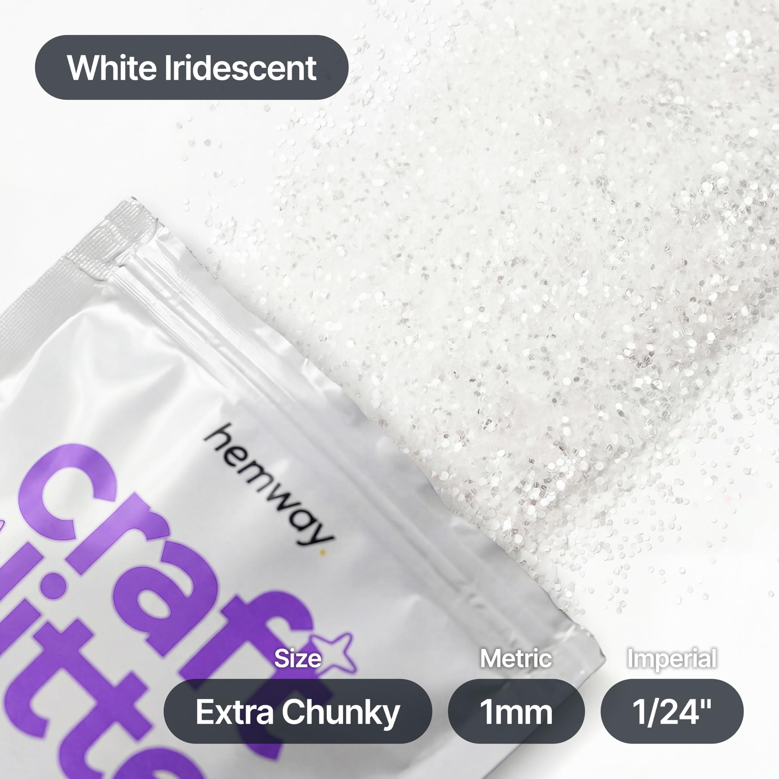 Hemway - Purpurina para manualidades, vasos, resina, epoxi, uñas, cera, álbumes de recortes, cristal, decoración de escuelas: blanco iridiscente, extragruesa (1 mm), 100 g - 4