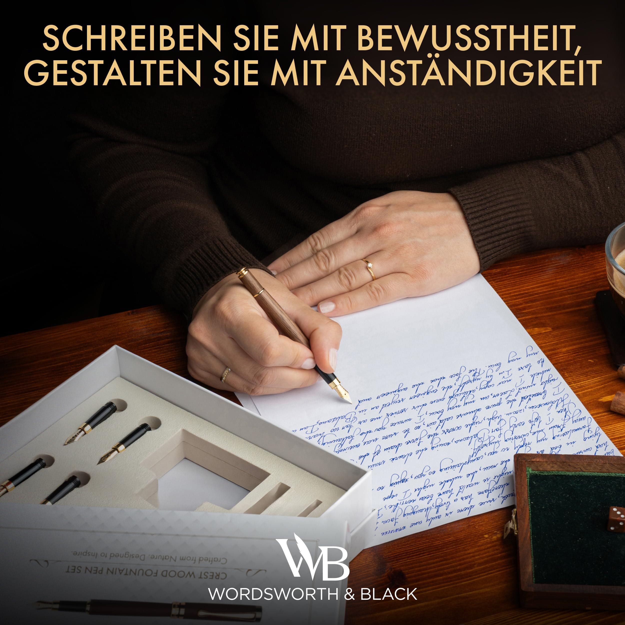 Wordsworth & Black Füllfederhalter-Geschenkset Holz, Bambus, 4 Federn | Füllfederhalter, Kalligrafie, Tintenfass + 6 Tintenpatronen, Konverter, Journaling, Geschenk für Männer & Frauen, Hochwertig
