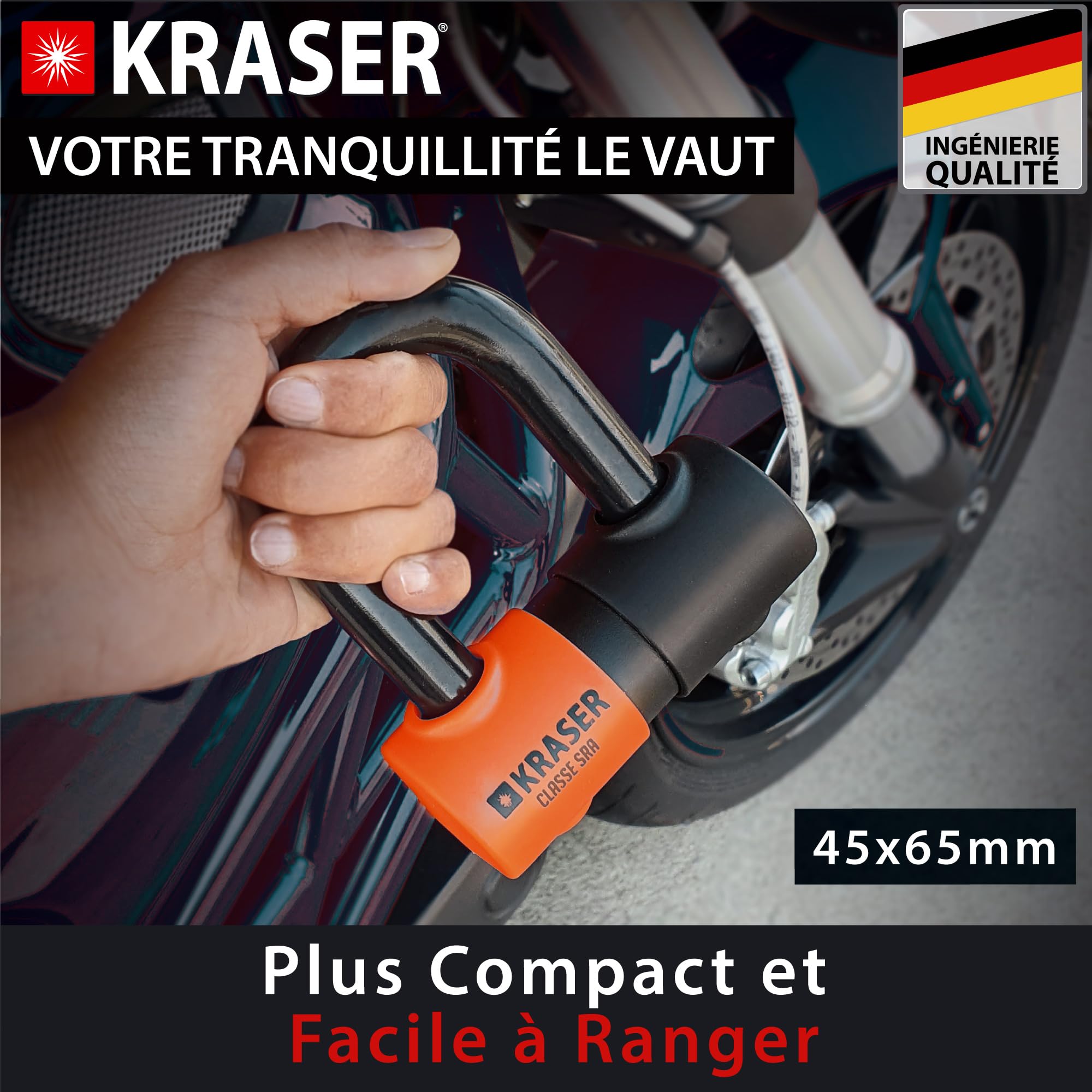 KRASER KR50 Antivol Moto Homologué SRA | Robuste Bloque Disque Mini U ø18 (autres 16) | Plus Compact 45x65 Facile à Ranger | Double Verrouillage Cémenté, Résistance au Vol 10/10, Recommandé Assurances