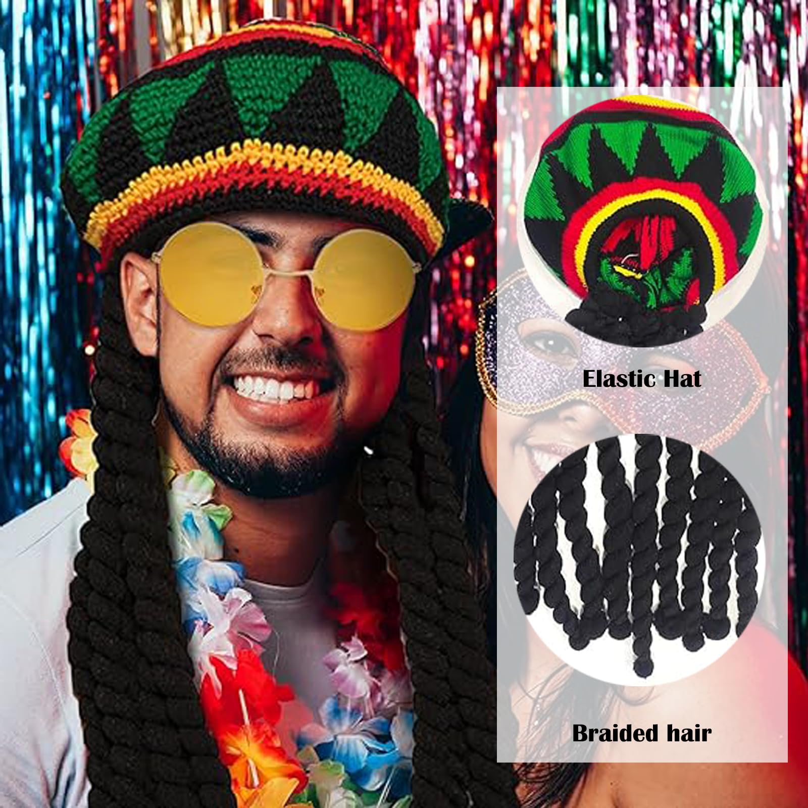 XZSKD Rasta Hat, Rasta Hat With Yellow Glasses, Long Braided Hat, Black Braided Wig Cap, Jamaican Dreadlocks Wig, Caribbean Fancy Dress Costume For Parties, Cosplay, Masquerade - Image 3